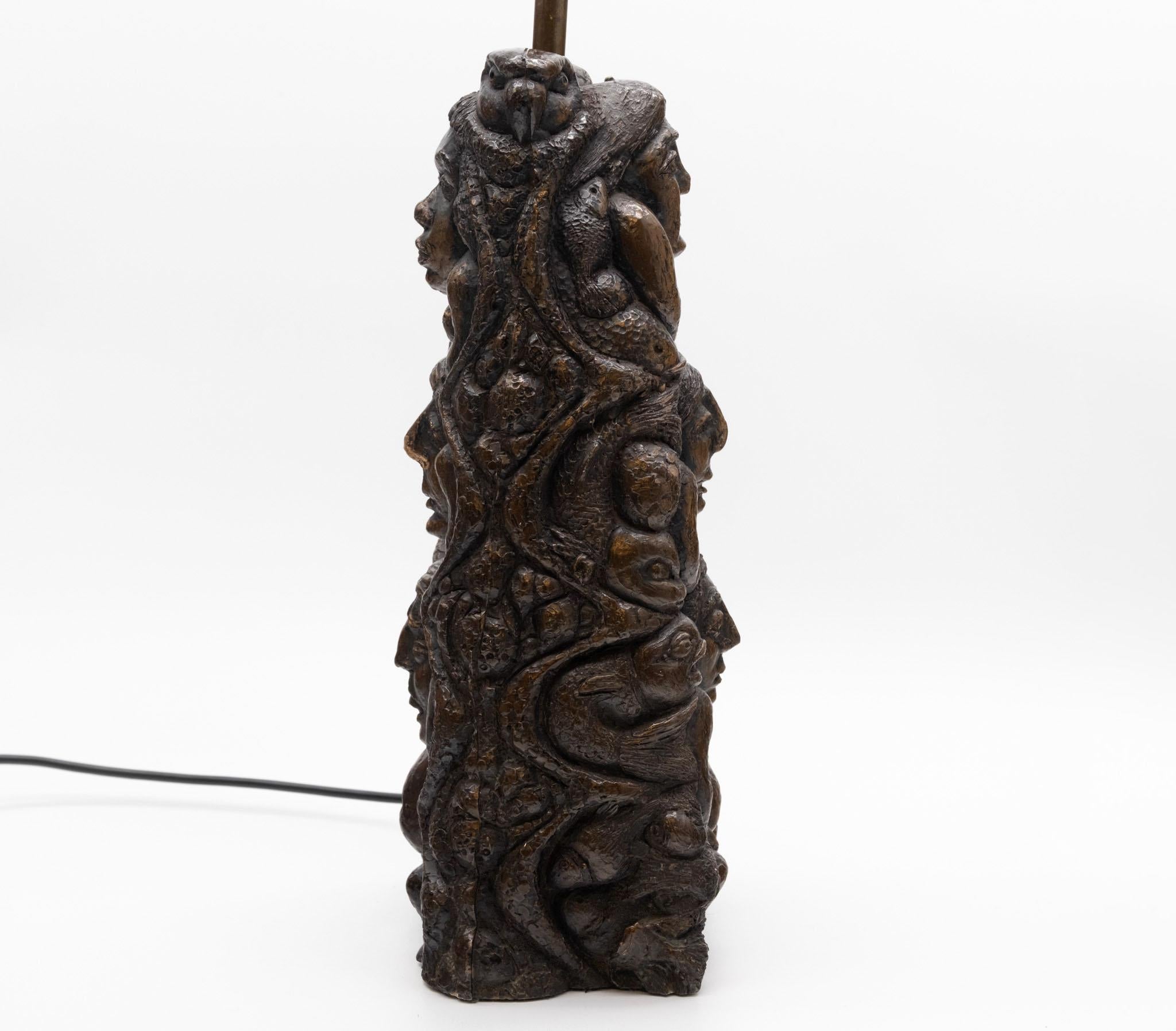 Large Bronzed Pottery Figurative Totem Tribal Form Double Sided Table Lamp 1970s For Sale 9