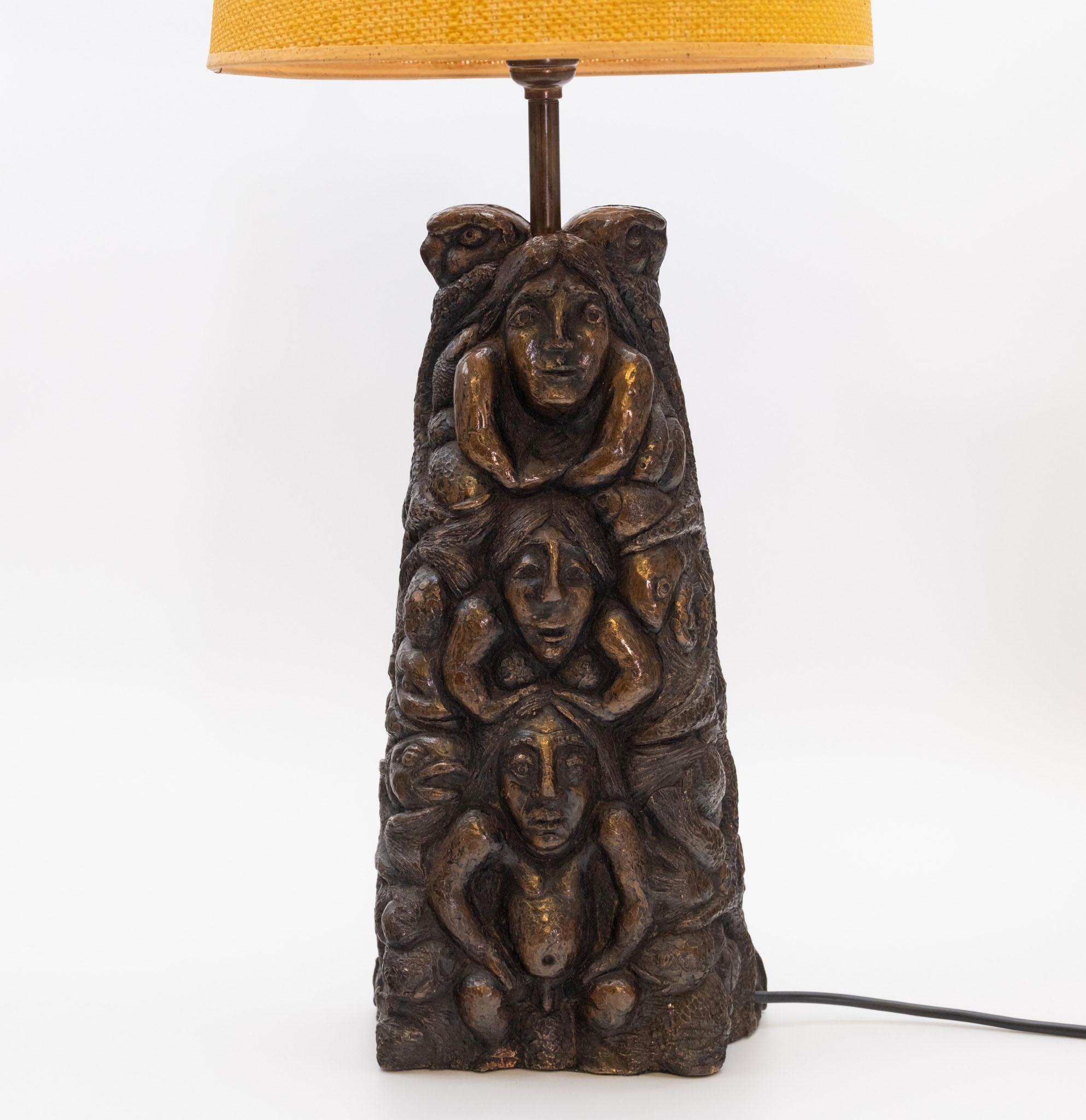 Large Bronzed Pottery Figurative Totem Tribal Form Double Sided Table Lamp 1970s In Good Condition For Sale In Norwich, GB