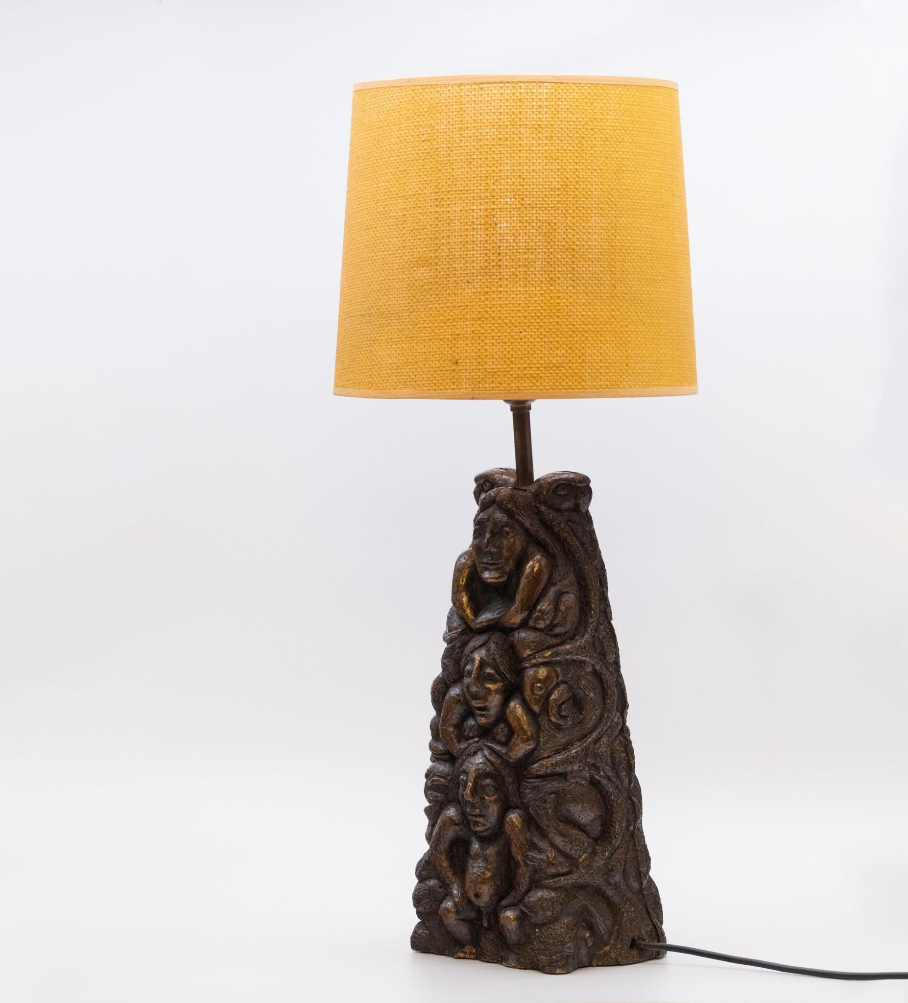 Late 20th Century Large Bronzed Pottery Figurative Totem Tribal Form Double Sided Table Lamp 1970s For Sale