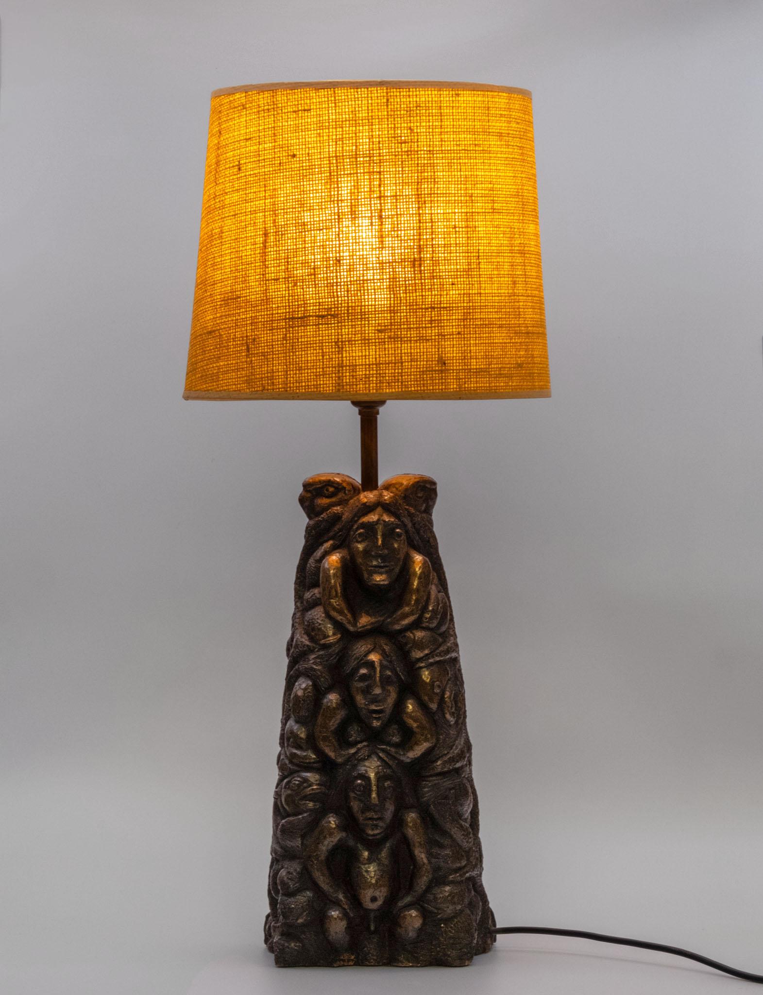 Large Bronzed Pottery Figurative Totem Tribal Form Double Sided Table Lamp 1970s For Sale 5