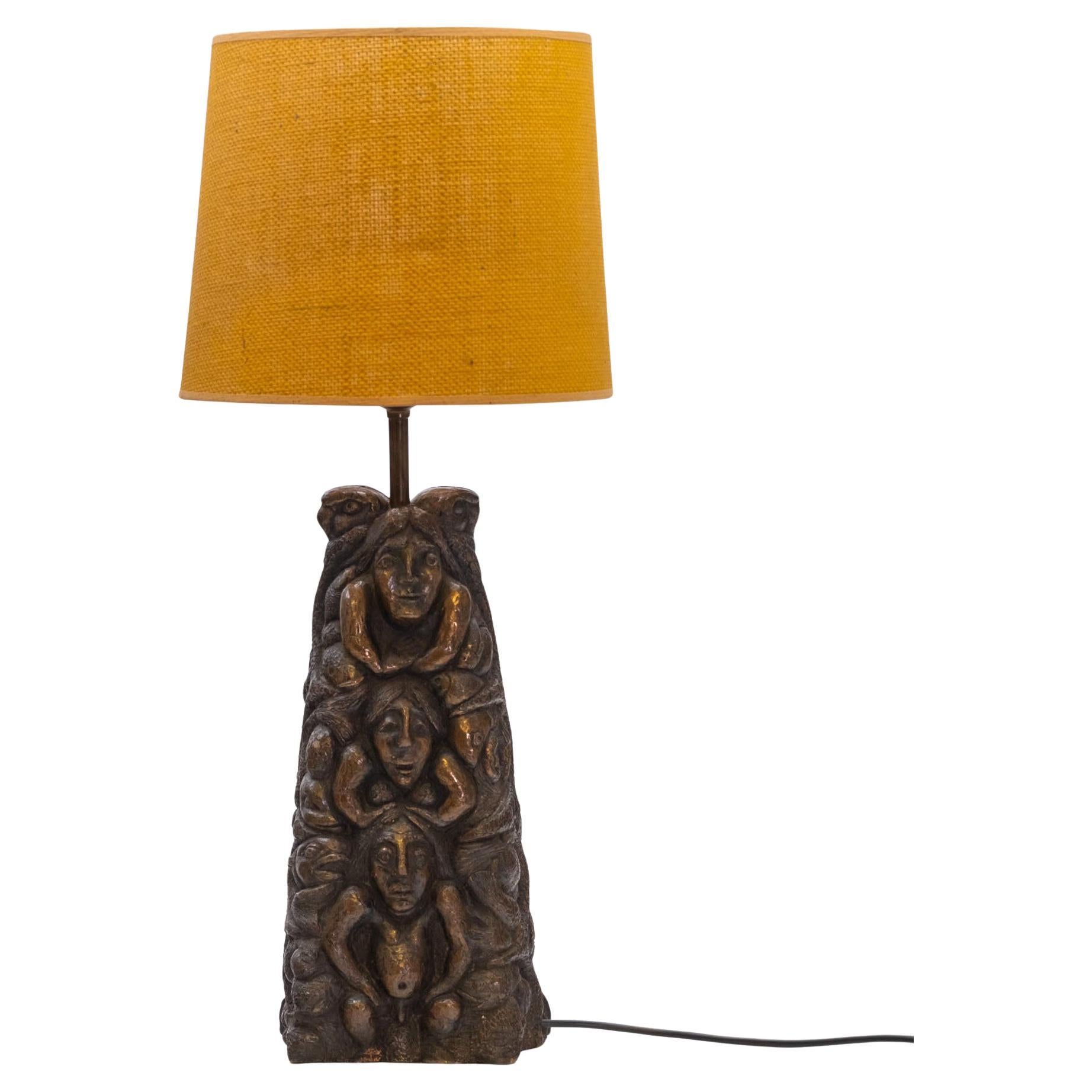 Large Bronzed Pottery Figurative Totem Tribal Form Double Sided Table Lamp 1970s