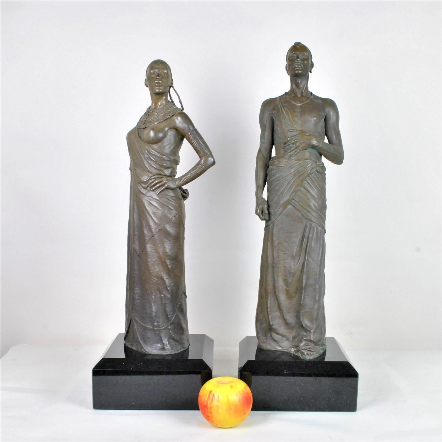 Large bronze pair with brown patina, representing a Maasai couple: very good quality cast iron, with many details in the jewelry, the hairstyles and especially the muscles and veins that stand out on the arms.

Bronzes signed both, but