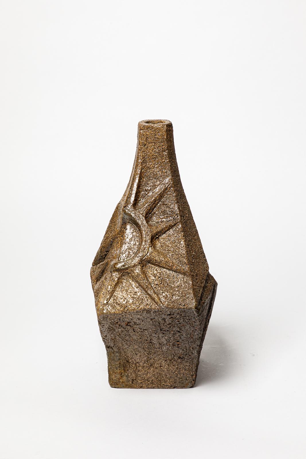 Francese Grande vaso in ceramica marrone astratto di design del XX secolo Vallauris Siffredi 1970 in vendita