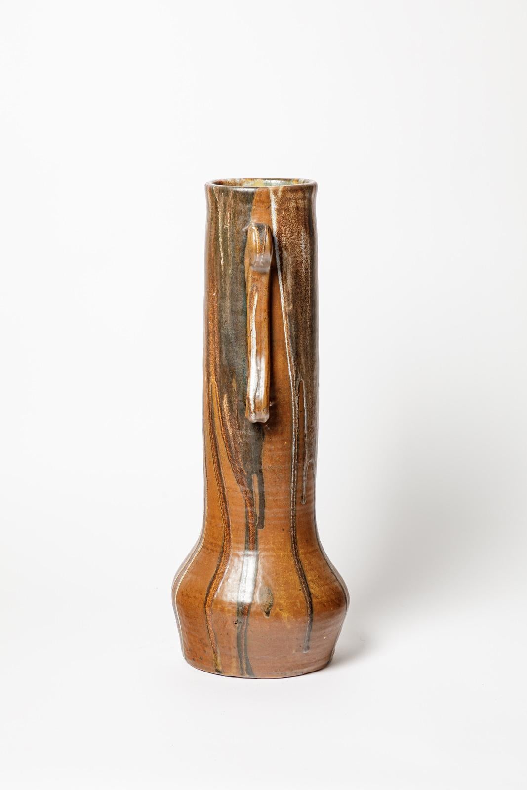 Large Brown and Abstract 1930 Art Deco Ceramic Vase by Pointu Fils In Excellent Condition For Sale In Neuilly-en- sancerre, FR