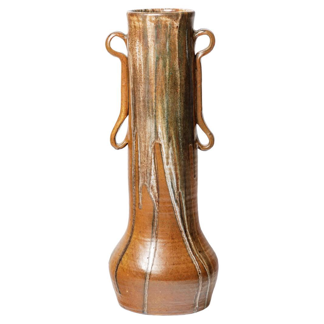 Grand vase en céramique Art Déco 1930, brun et abstrait, par Pointu Fils