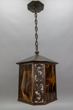 Large Brown and Beige Art Glass and Metal Hallway Lantern, France, 1920s
