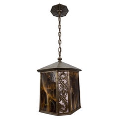 Antique Large Brown and Beige Tiffany Glass and Metal Hallway Lantern, France, 1920s
