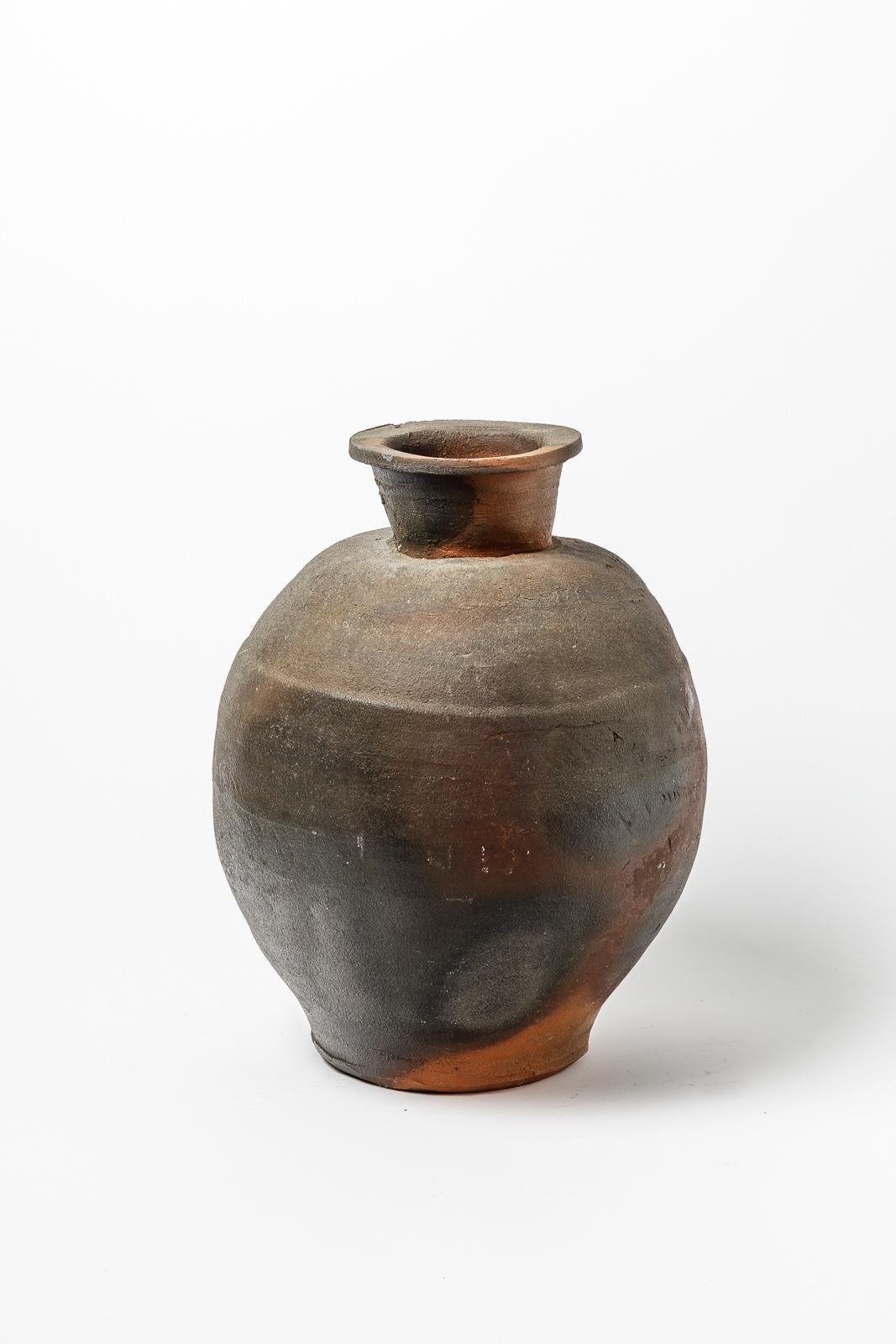 Français Grand vase en céramique marron et noir du 20ème siècle en grès de Steen Kepp La Borne en vente