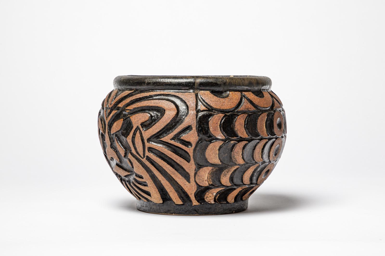 Art Deco Large brown and black art deco ceramic vase cache-pot by Gilbert Metenier 1940 For Sale