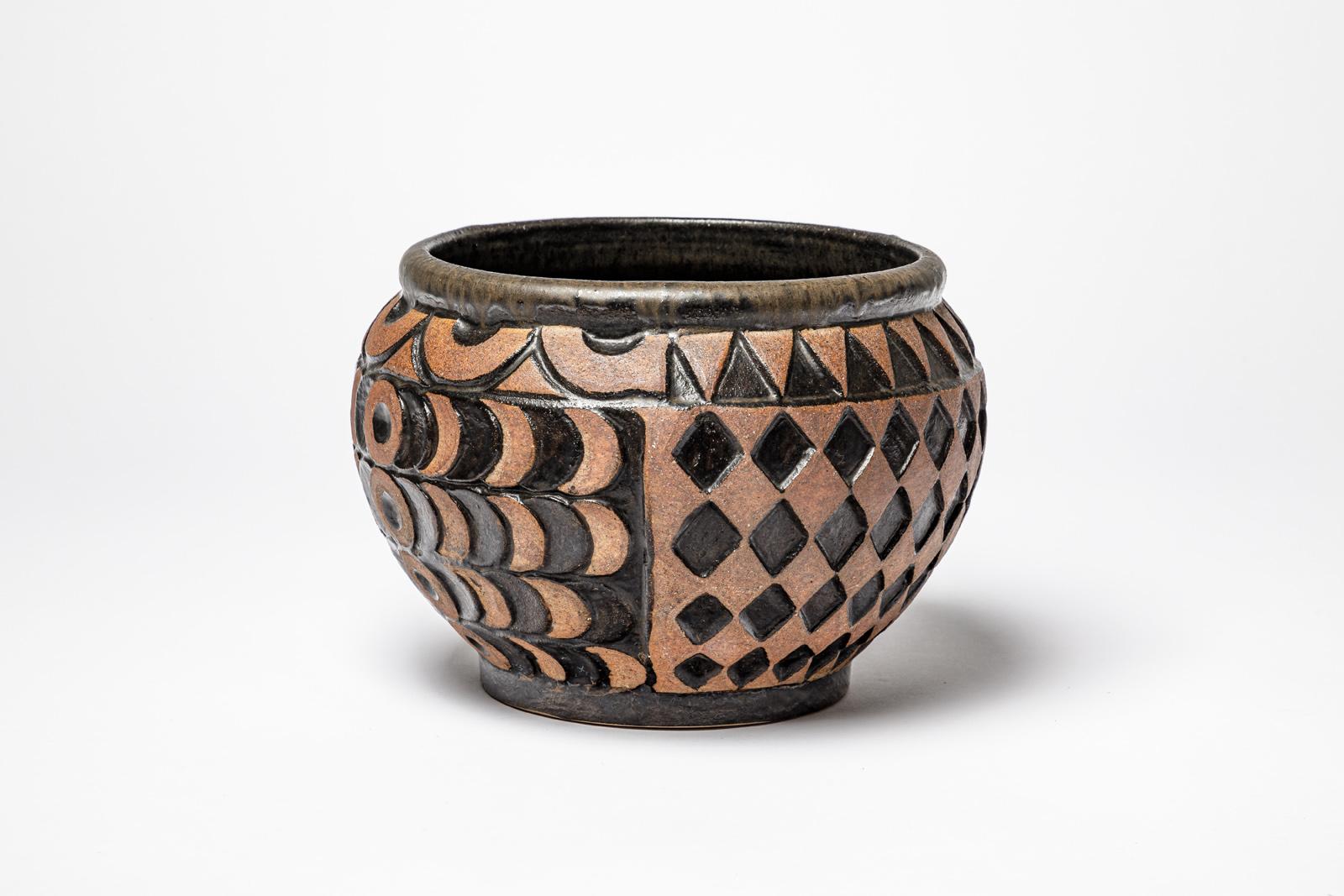Large brown and black art deco ceramic vase cache-pot by Gilbert Metenier 1940 In Excellent Condition For Sale In Neuilly-en- sancerre, FR