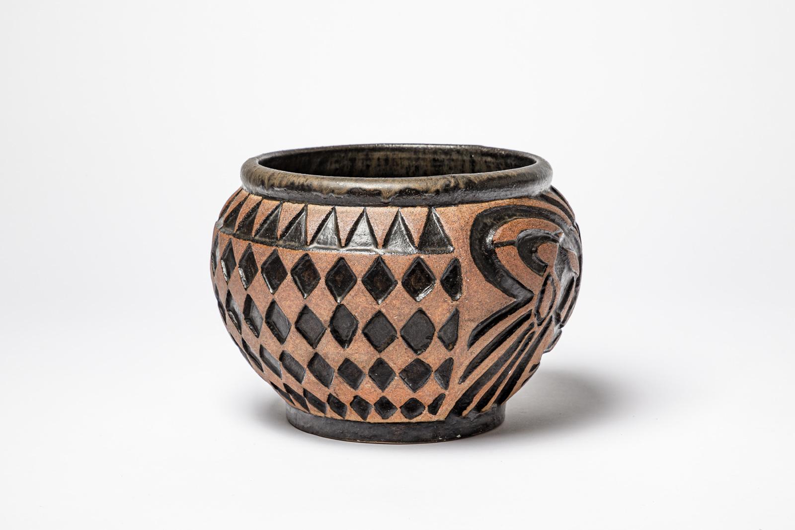 Große braune und schwarze Keramikvase Cache-Topf von Gilbert Metenier 1940 (20. Jahrhundert) im Angebot