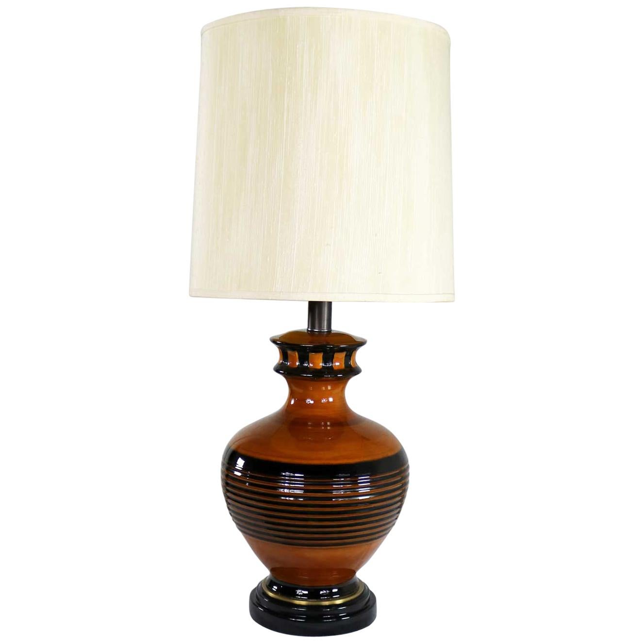 Large Brown and Black Mid-Century Modern Bulbous Ceramic Lamp