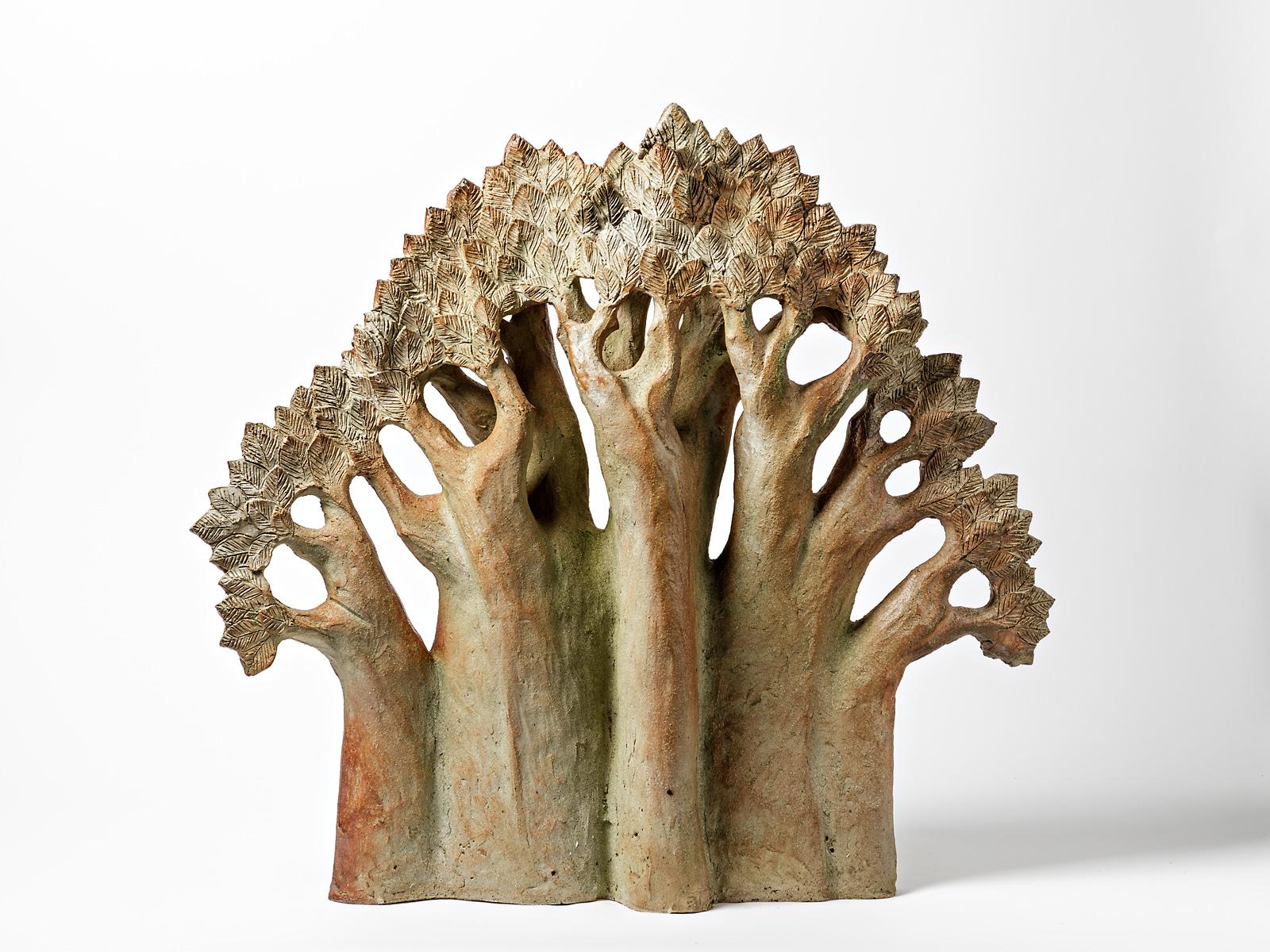 Mid-Century Modern Large Brown and Colored Stoneware Ceramic Tree Sculpture Claude Gaget  For Sale