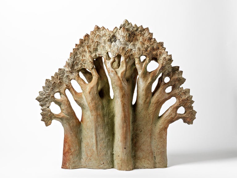 Large Brown and Colored Stoneware Ceramic Tree Sculpture Claude Gaget  In Excellent Condition For Sale In Neuilly-en- sancerre, FR