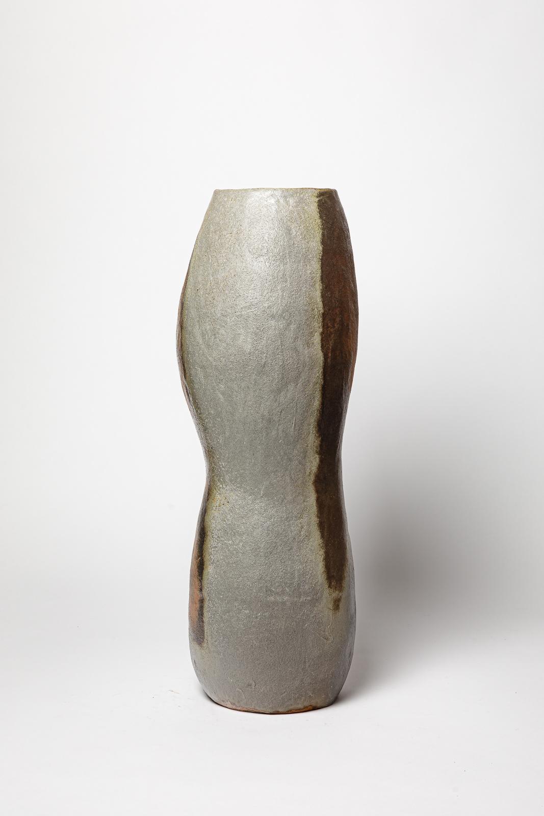 Gran jarrón o jarrón de suelo de cerámica de gres marrón y gris B. Chassang 57 cm 2/2 en venta 3