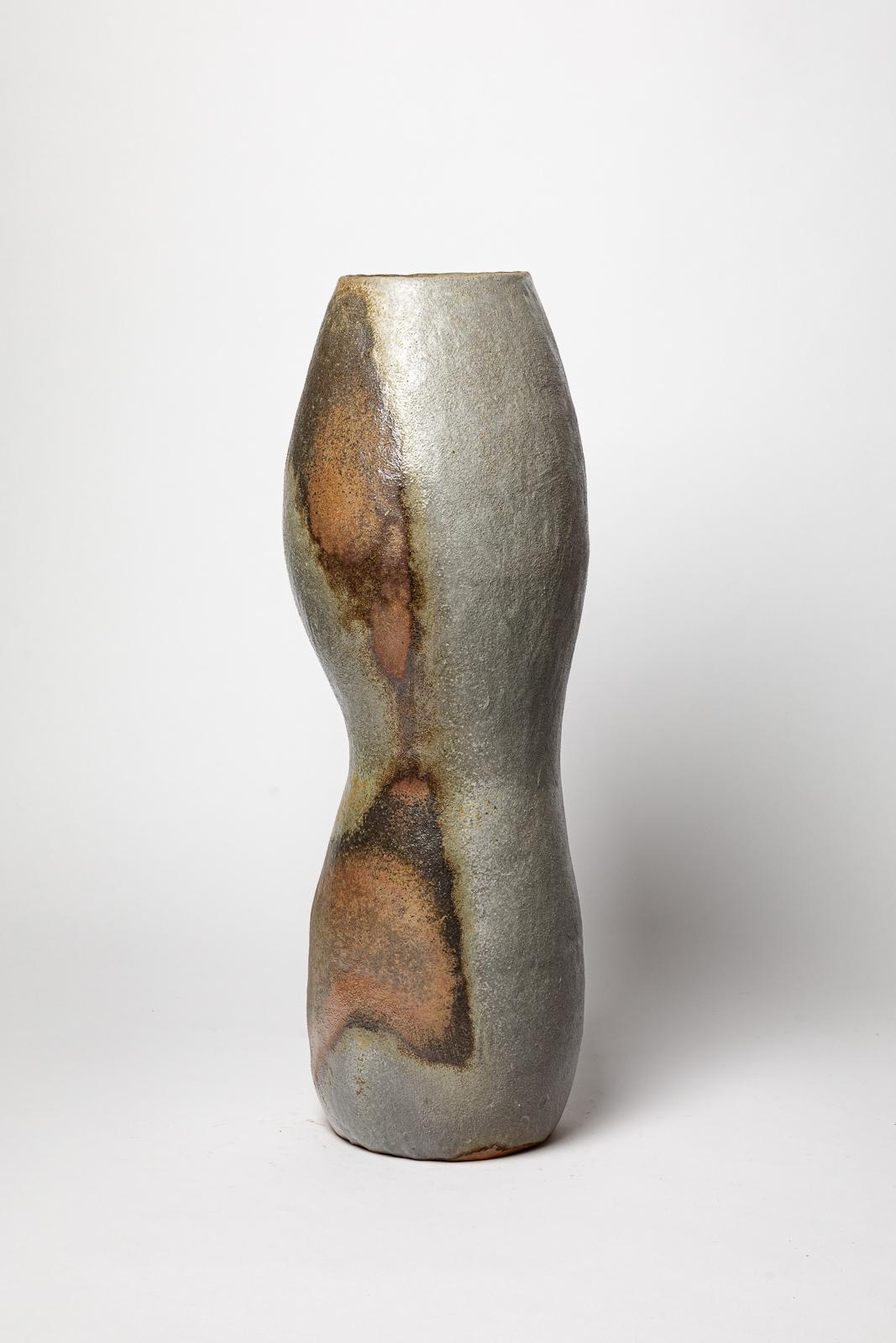 Gran jarrón o jarrón de suelo de cerámica de gres marrón y gris B. Chassang 57 cm 2/2 Moderno en venta