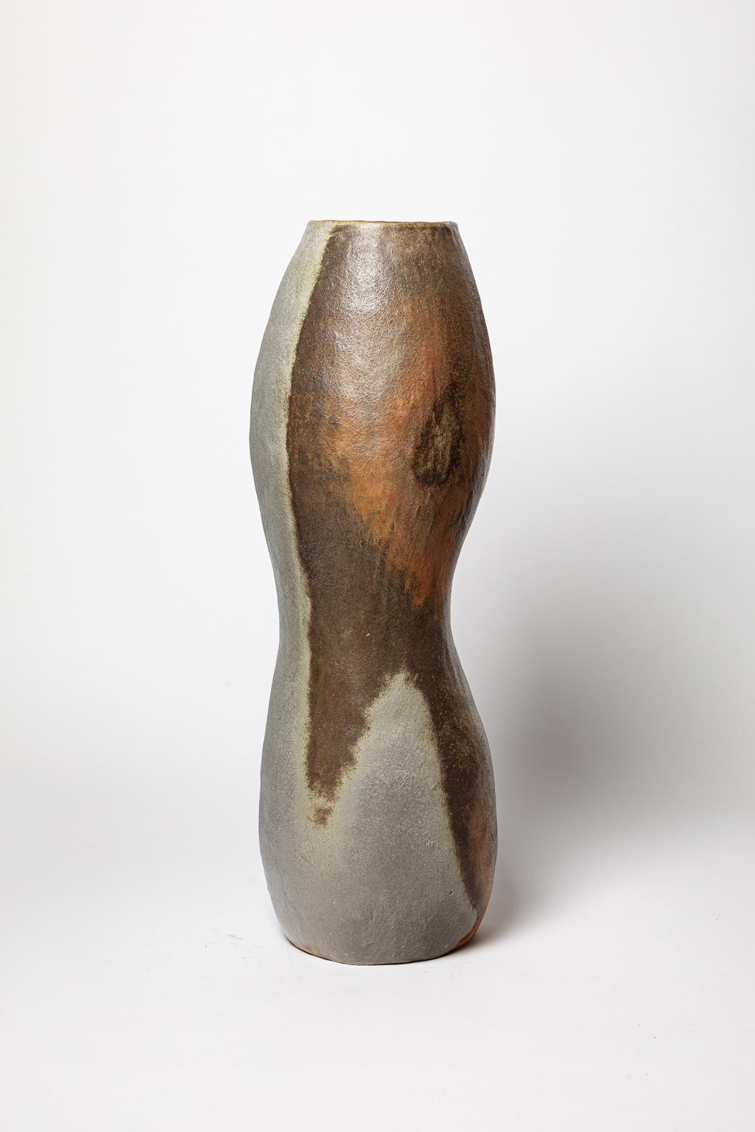 Gran jarrón o jarrón de suelo de cerámica de gres marrón y gris B. Chassang 57 cm 2/2 en Excelente estado para la venta en Neuilly-en- sancerre, FR