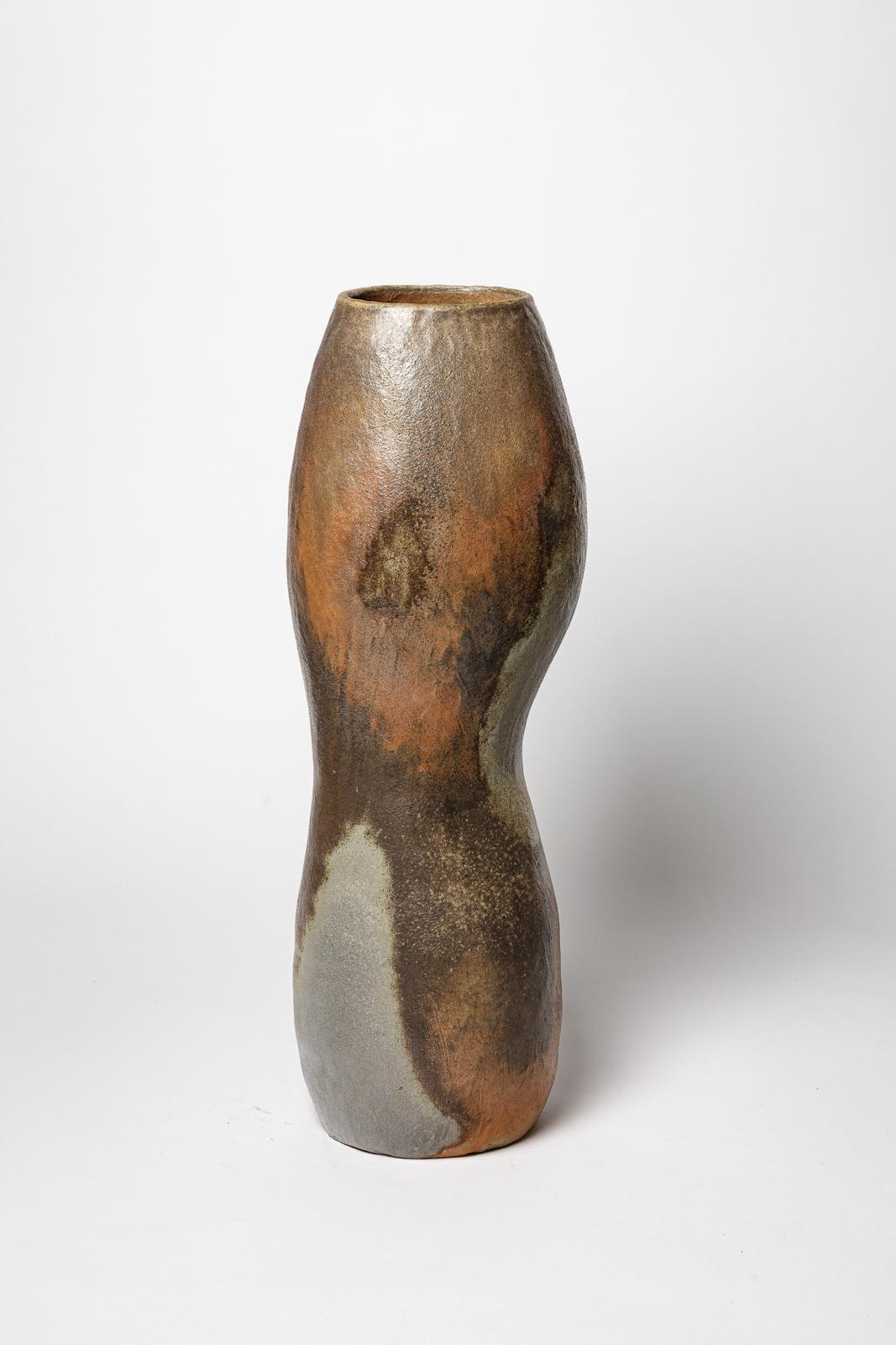 Gran jarrón o jarrón de suelo de cerámica de gres marrón y gris B. Chassang 57 cm 2/2 Siglo XXI y contemporáneo en venta