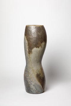 Große Keramikvase oder Bodenvase aus braunem und grauem Steingut B. Chassang 60 cm 1/2