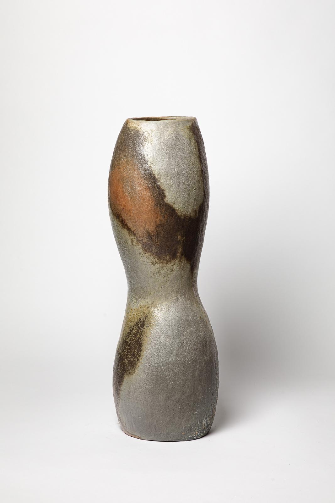 Gran jarrón o jarrón de suelo de cerámica de gres marrón y gris B. Chassang 60 cm 1/2 Francés en venta