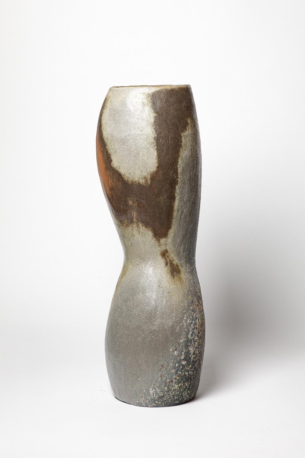 Gran jarrón o jarrón de suelo de cerámica de gres marrón y gris B. Chassang 60 cm 1/2 en Excelente estado para la venta en Neuilly-en- sancerre, FR