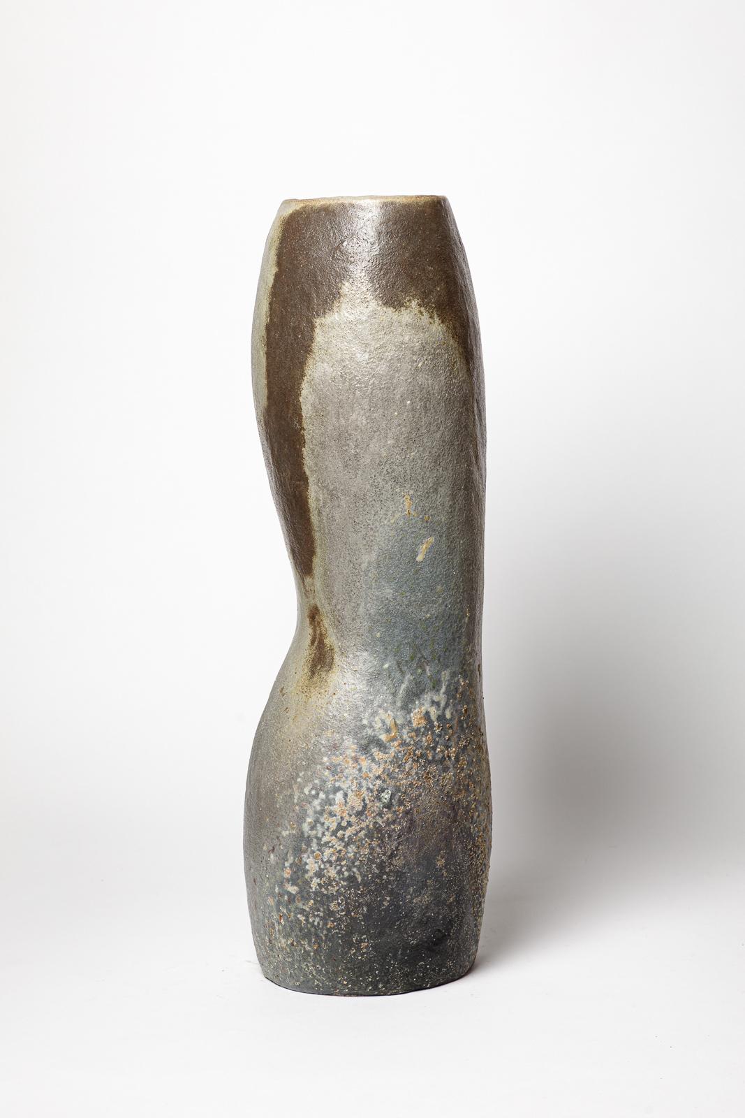 Gran jarrón o jarrón de suelo de cerámica de gres marrón y gris B. Chassang 60 cm 1/2 Siglo XXI y contemporáneo en venta