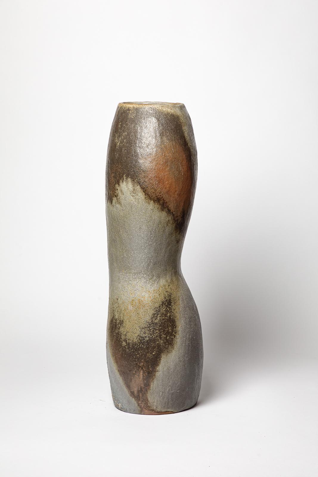 Gran jarrón o jarrón de suelo de cerámica de gres marrón y gris B. Chassang 60 cm 1/2 en venta 2