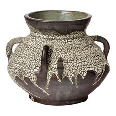 Große braune und weiße Art-Déco-Keramikvase aus Steingut von Jean Pointu French