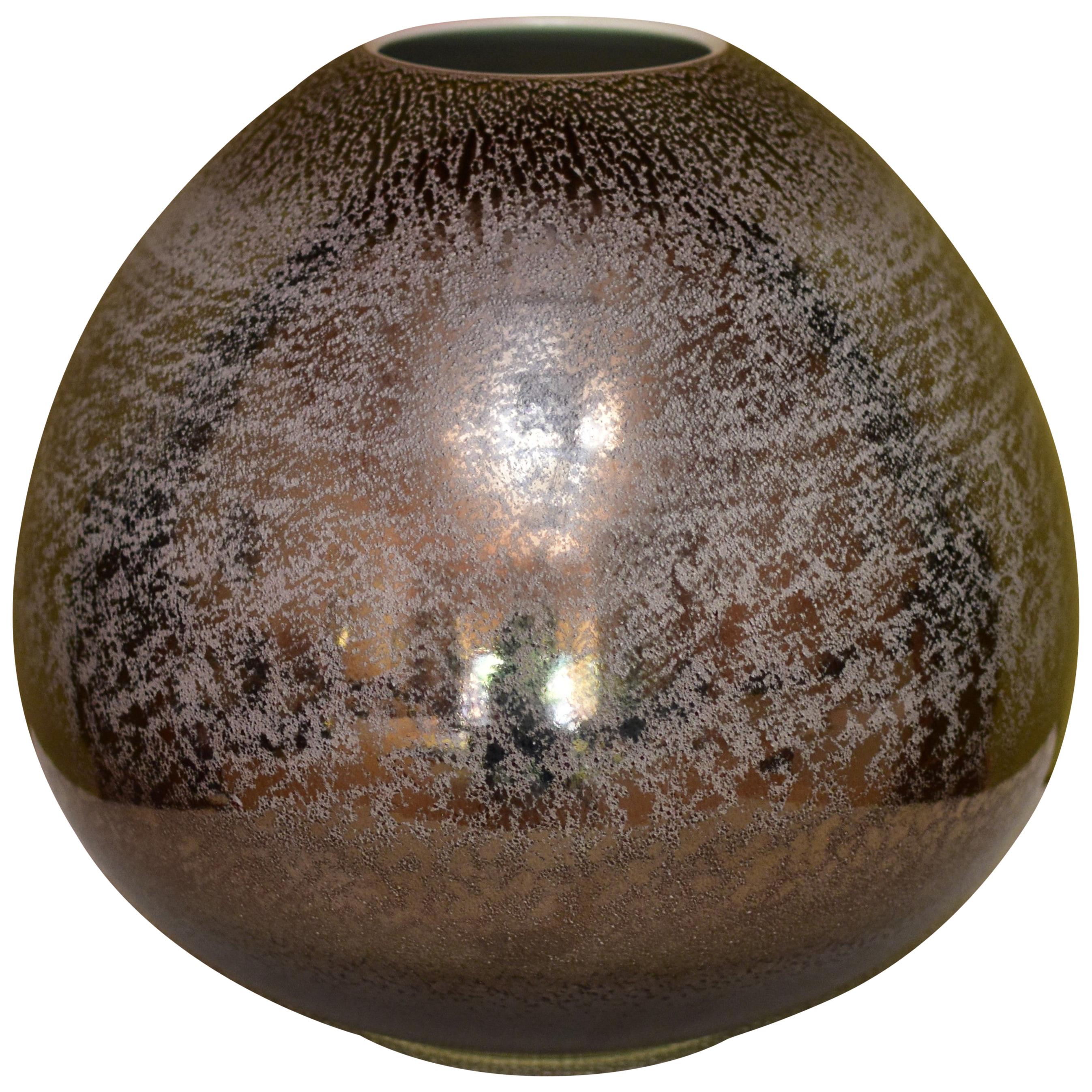 Japanese Contemporary Brown Platinum Hand-Glazed Porcelain Vase by Master Artist For Sale