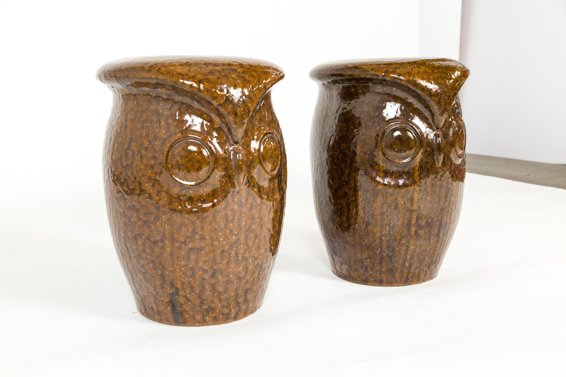 Large Brown Ceramic Owl Garden Stools, 'Pair' 6