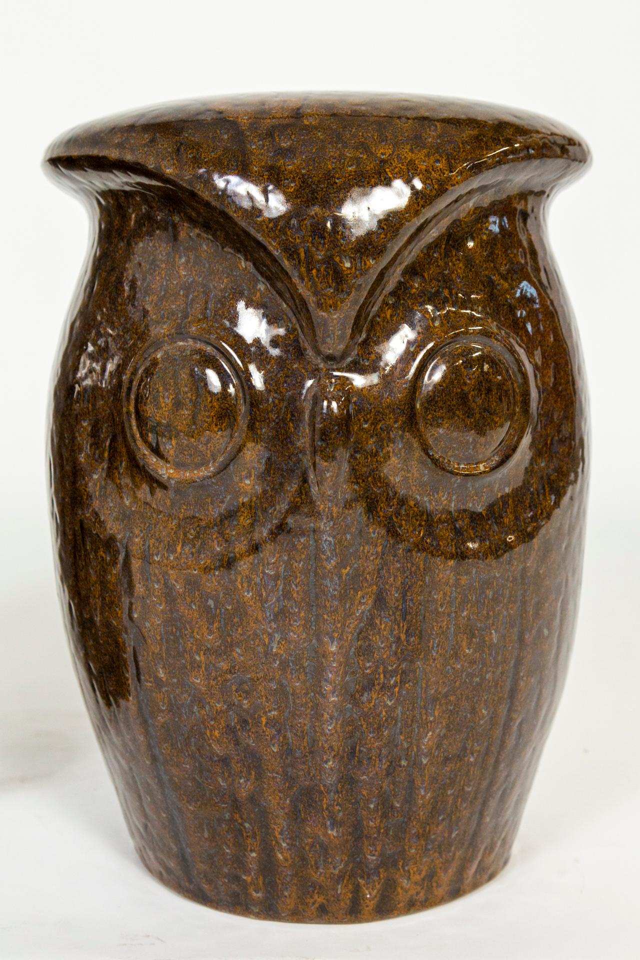 Large Brown Ceramic Owl Garden Stools, 'Pair' In Good Condition In San Francisco, CA