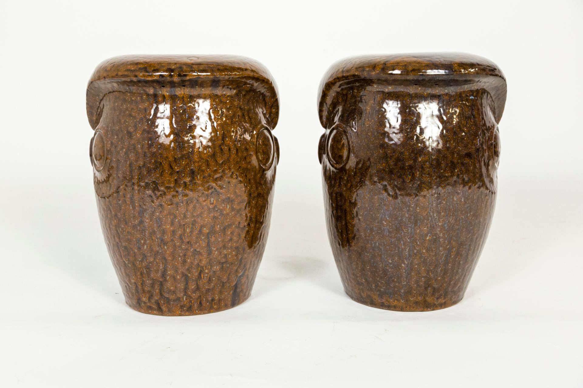 20th Century Large Brown Ceramic Owl Garden Stools, 'Pair'