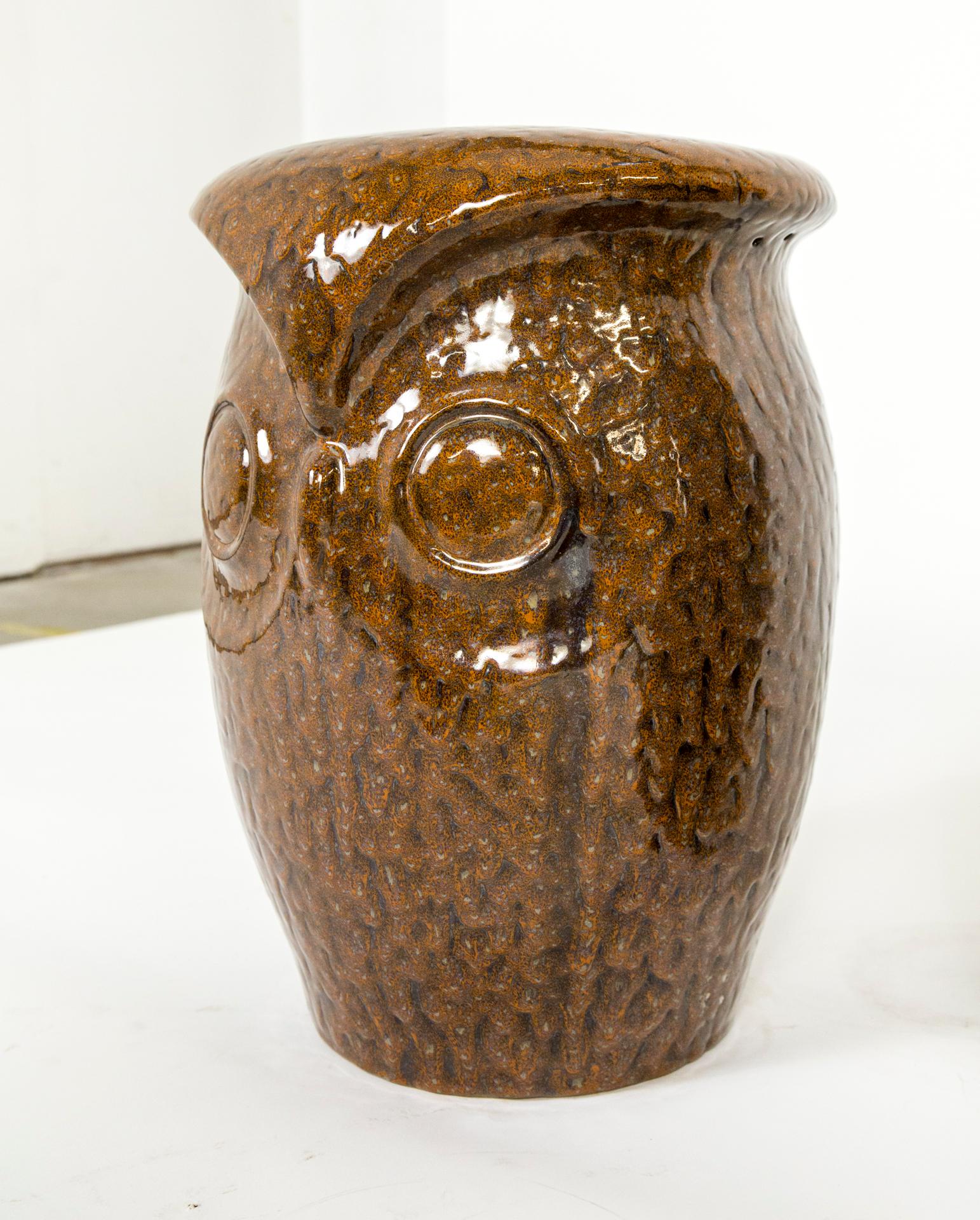 Large Brown Ceramic Owl Garden Stools, 'Pair' 1