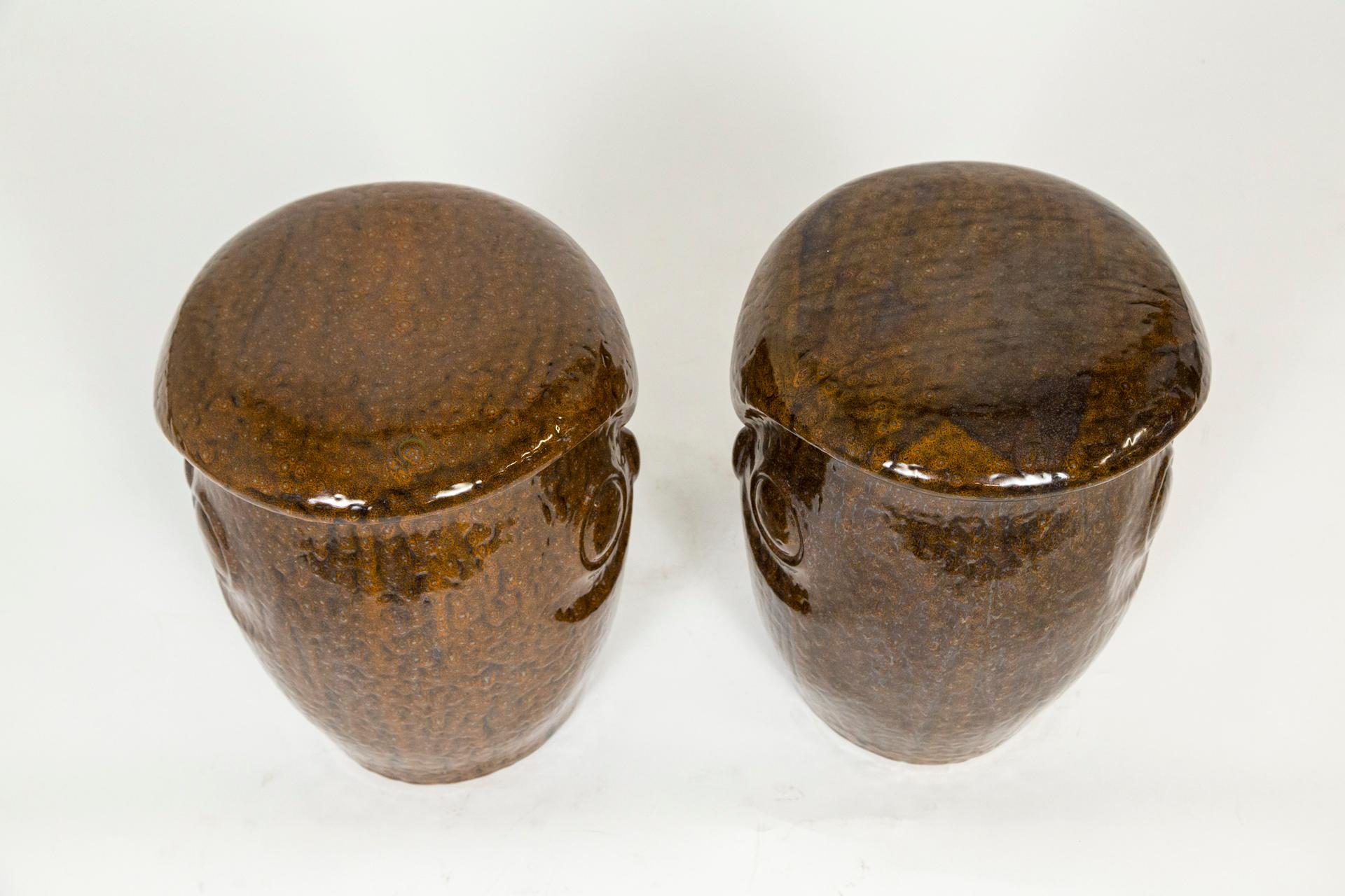 Large Brown Ceramic Owl Garden Stools, 'Pair' 2