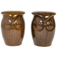 Retro Large Brown Ceramic Owl Garden Stools, 'Pair'