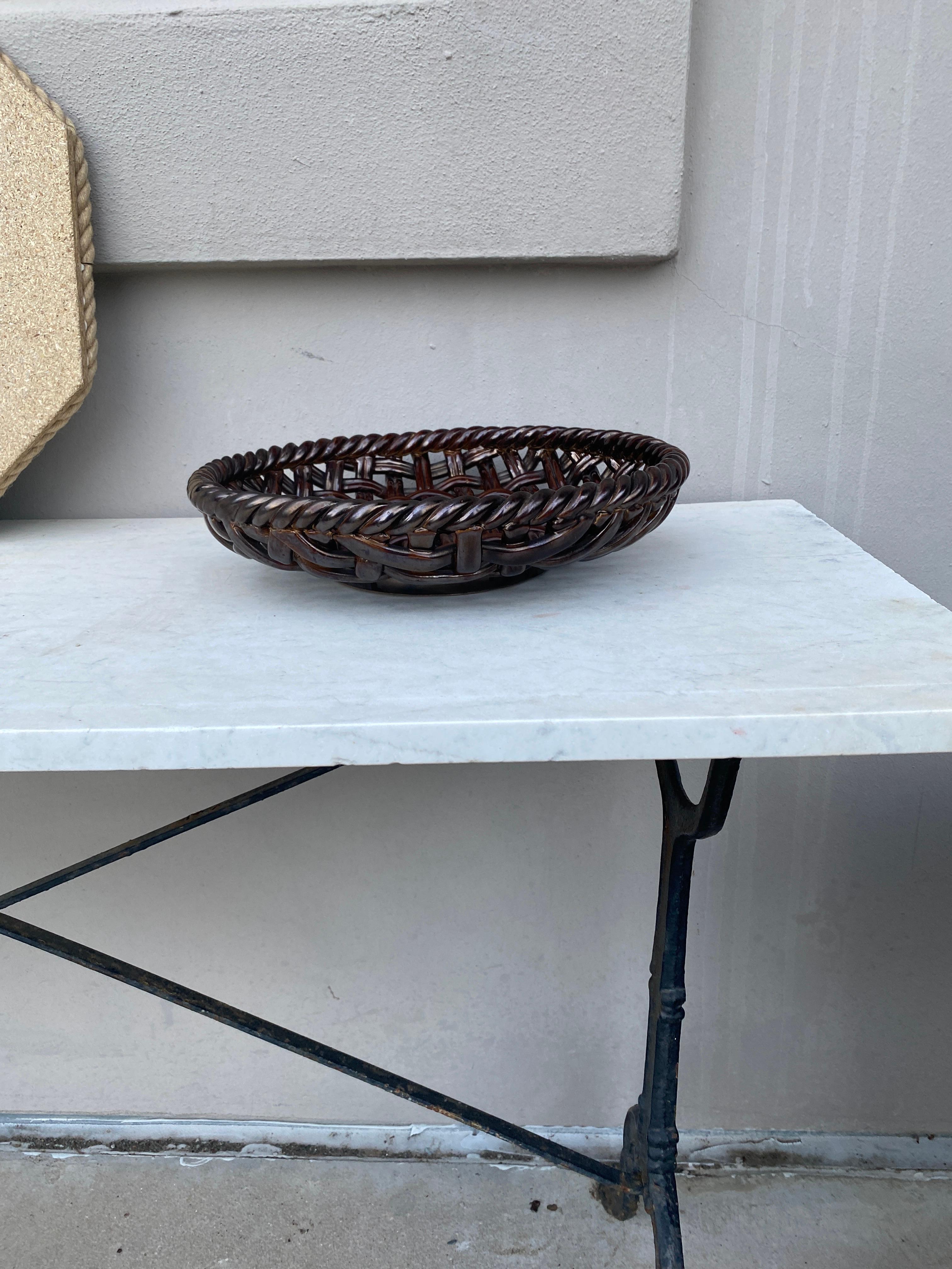 Large Brown French Bowl or Basket Vallauris circa 1950 In Good Condition For Sale In Austin, TX