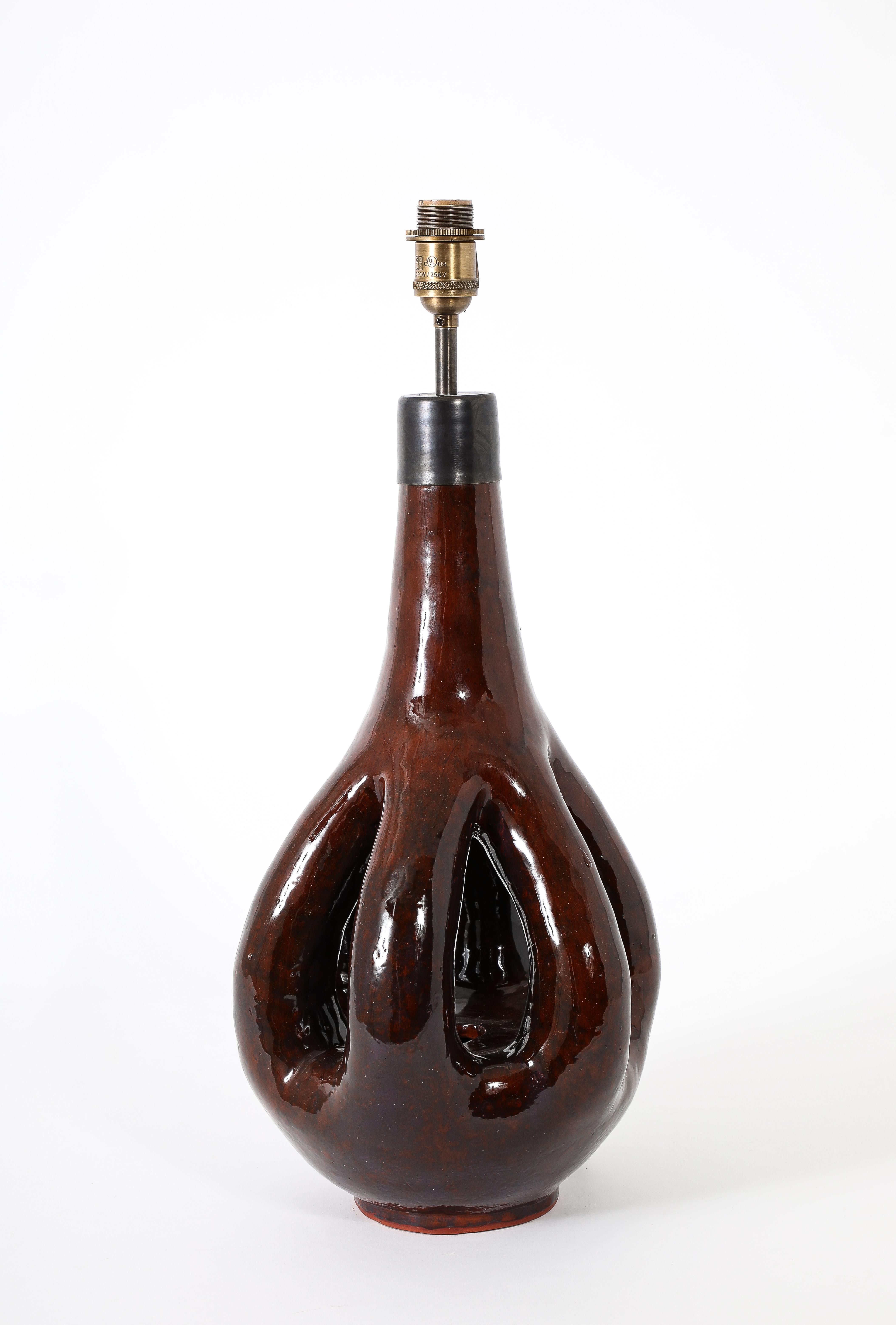 Large Brown Glazed Ceramic Lamp, France 1960's For Sale 3