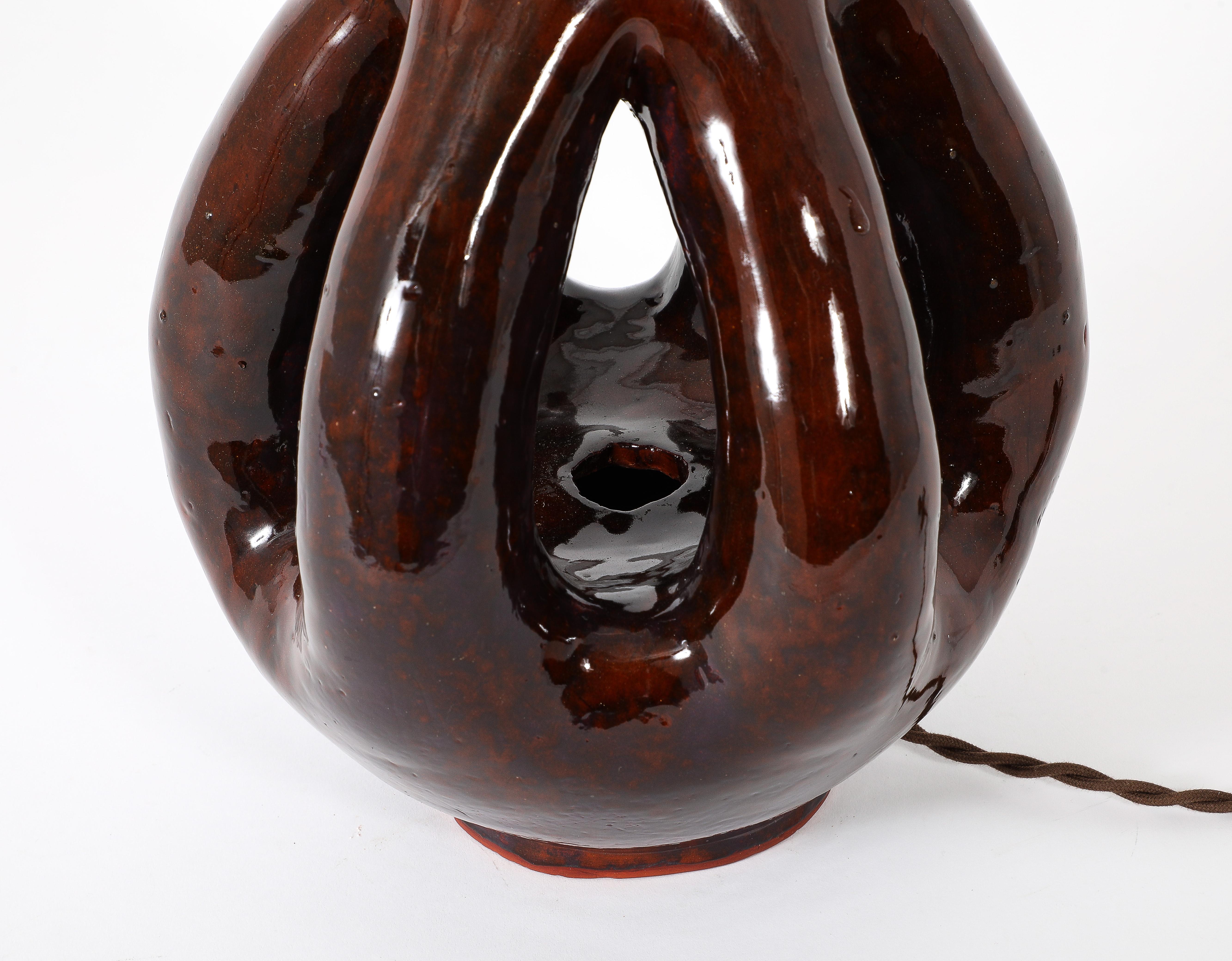 Large Brown Glazed Ceramic Lamp, France 1960's For Sale 5