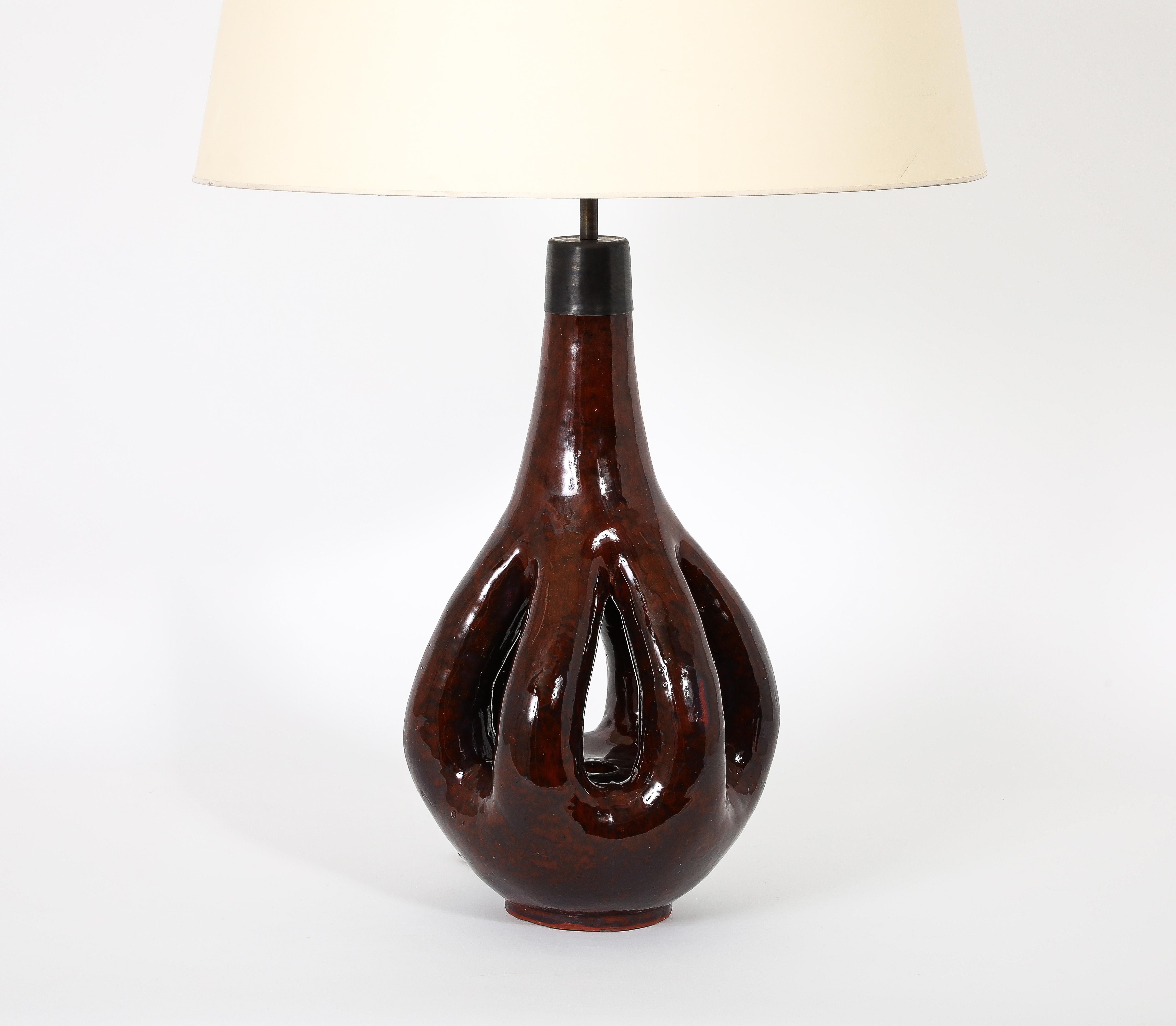 Brutalist Large Brown Glazed Ceramic Lamp, France 1960's For Sale