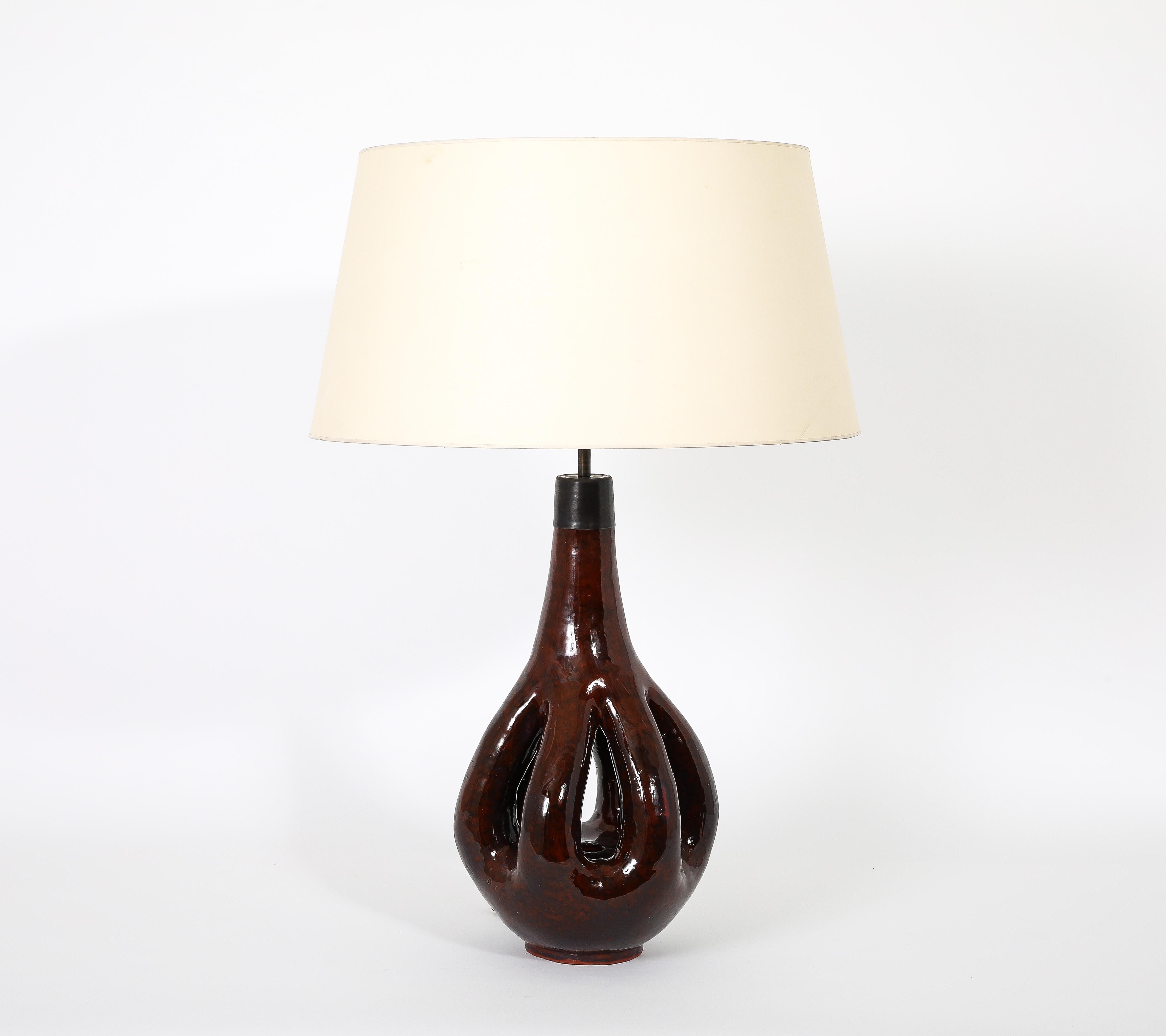 French Large Brown Glazed Ceramic Lamp, France 1960's For Sale