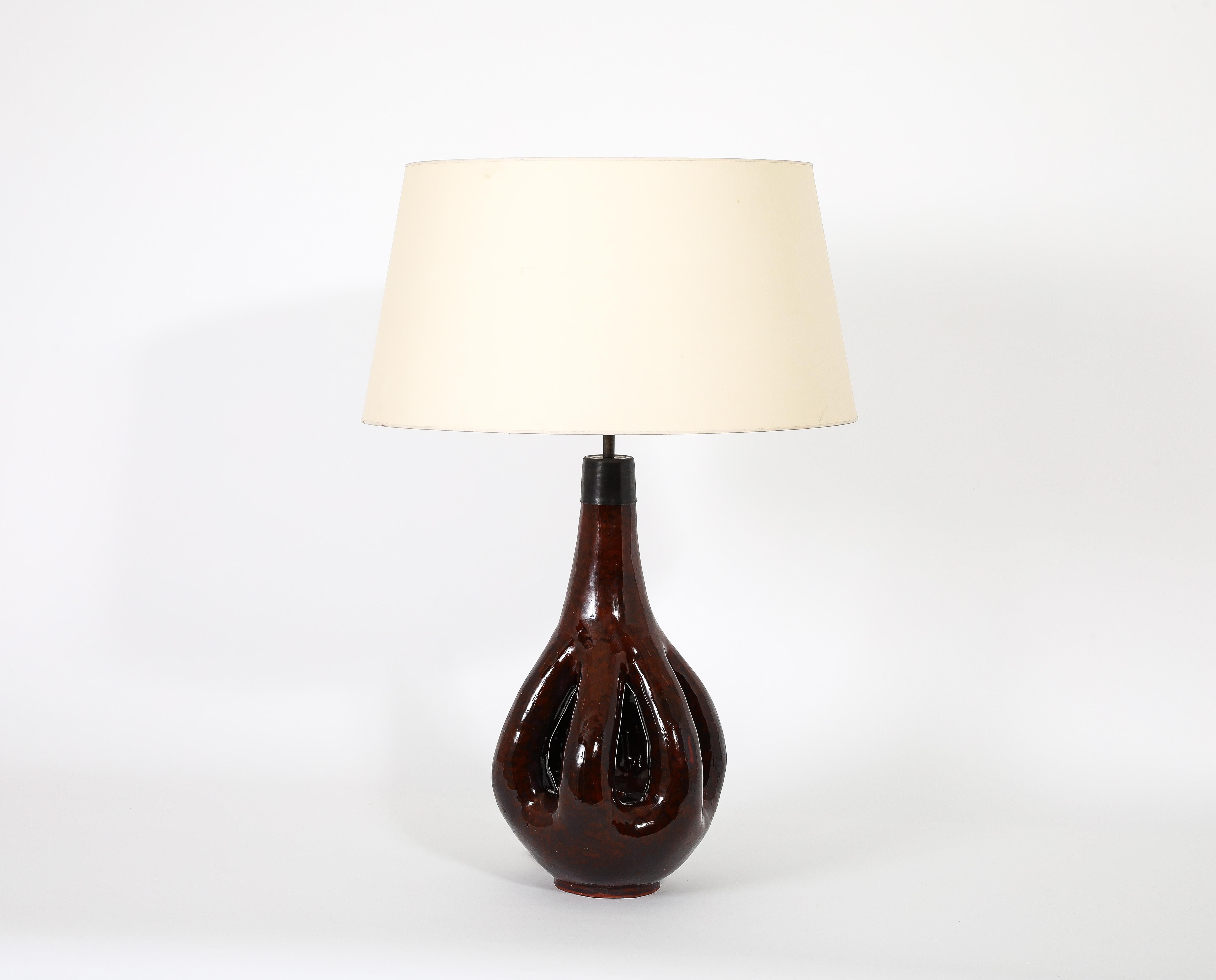 Large Brown Glazed Ceramic Lamp, France 1960's In Good Condition For Sale In New York, NY