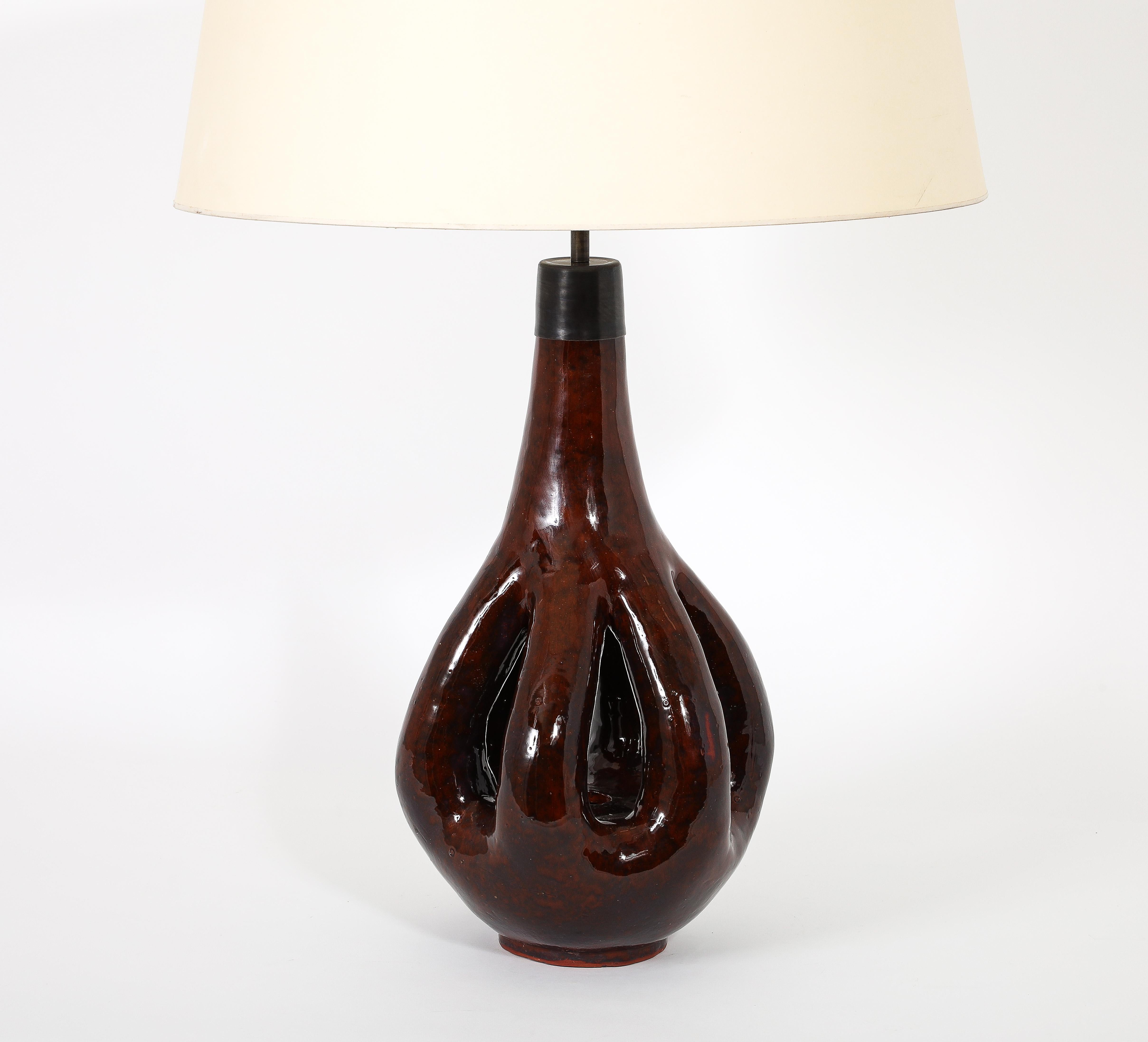 20th Century Large Brown Glazed Ceramic Lamp, France 1960's For Sale