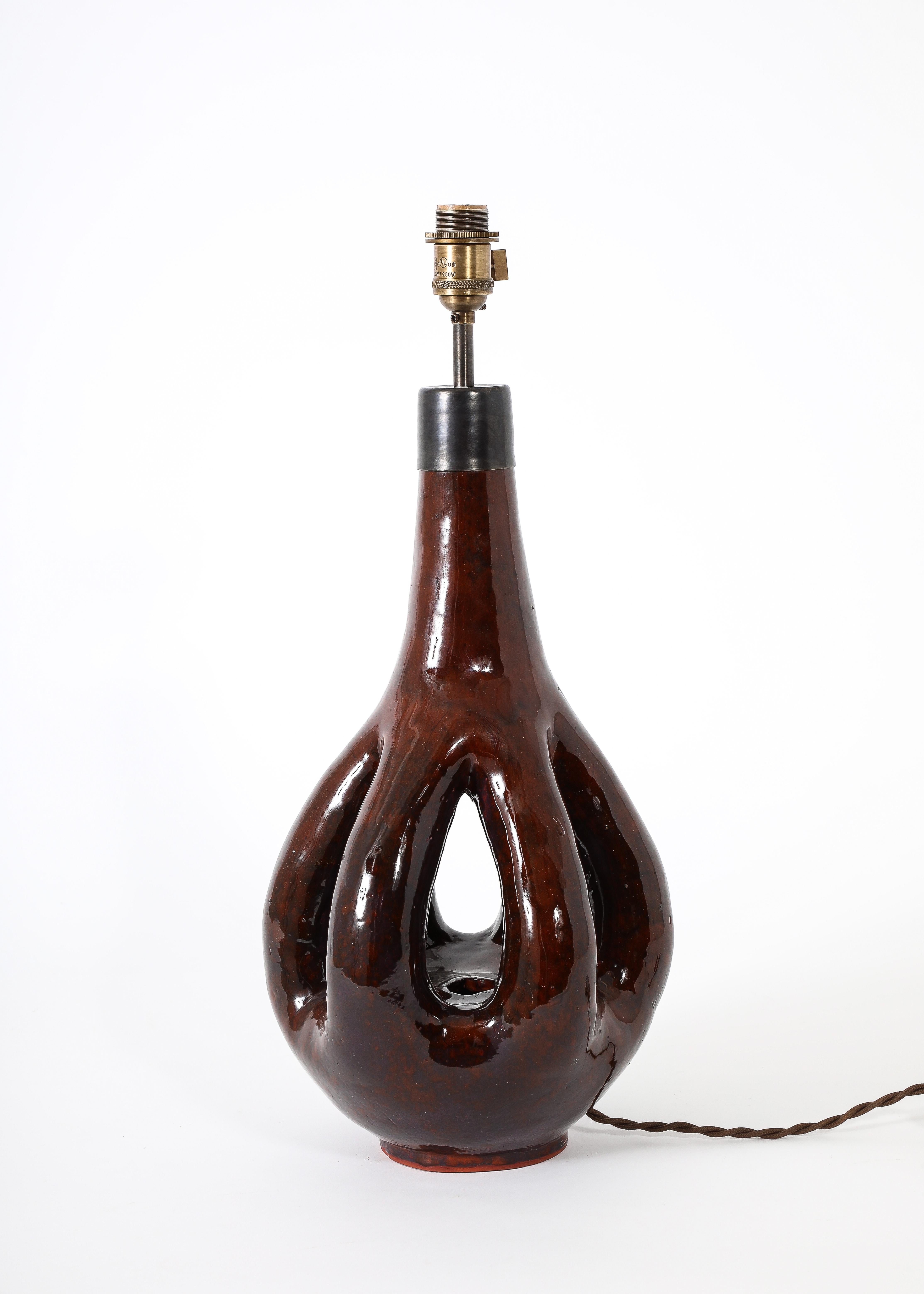 Large Brown Glazed Ceramic Lamp, France 1960's For Sale 2