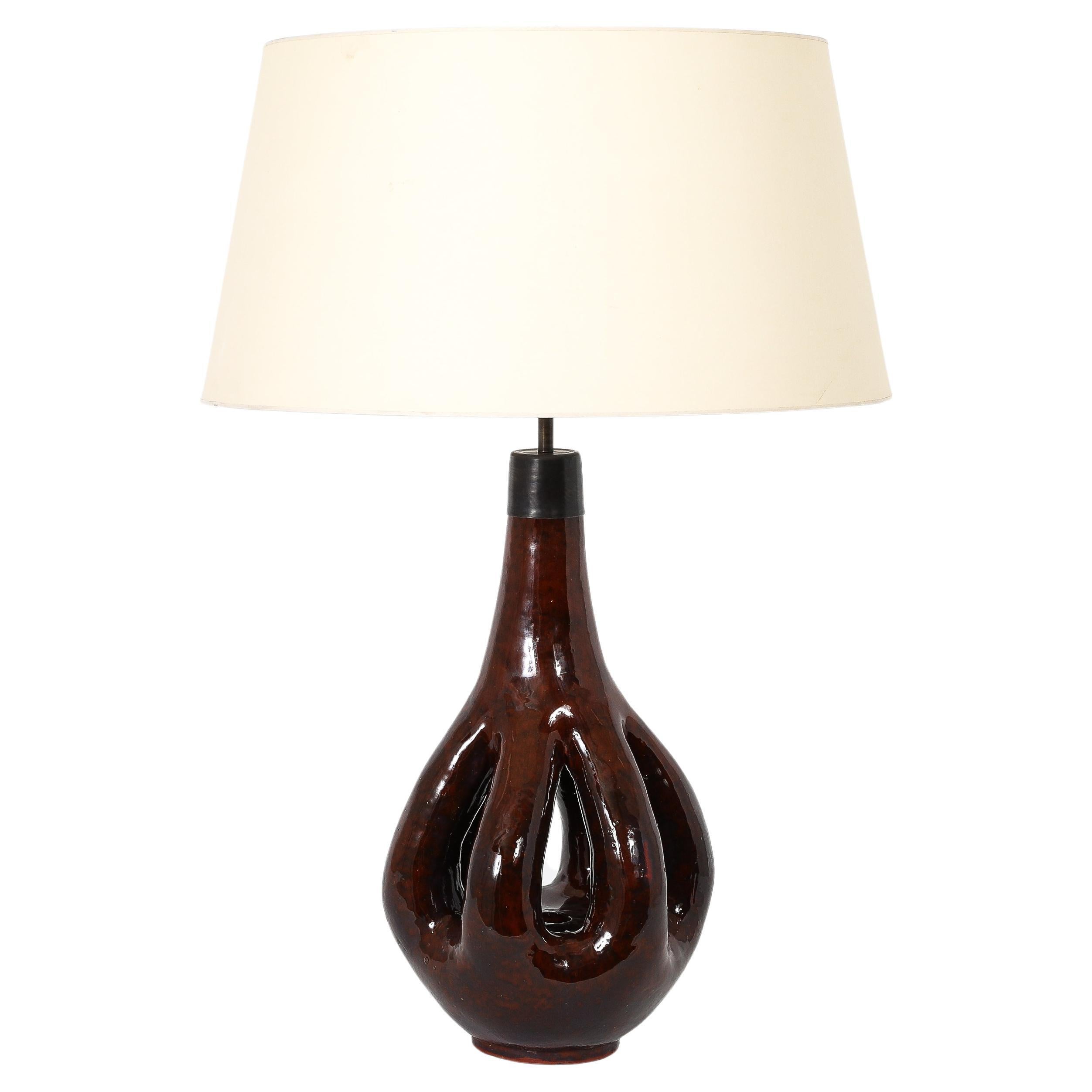Large Brown Glazed Ceramic Lamp, France 1960's For Sale