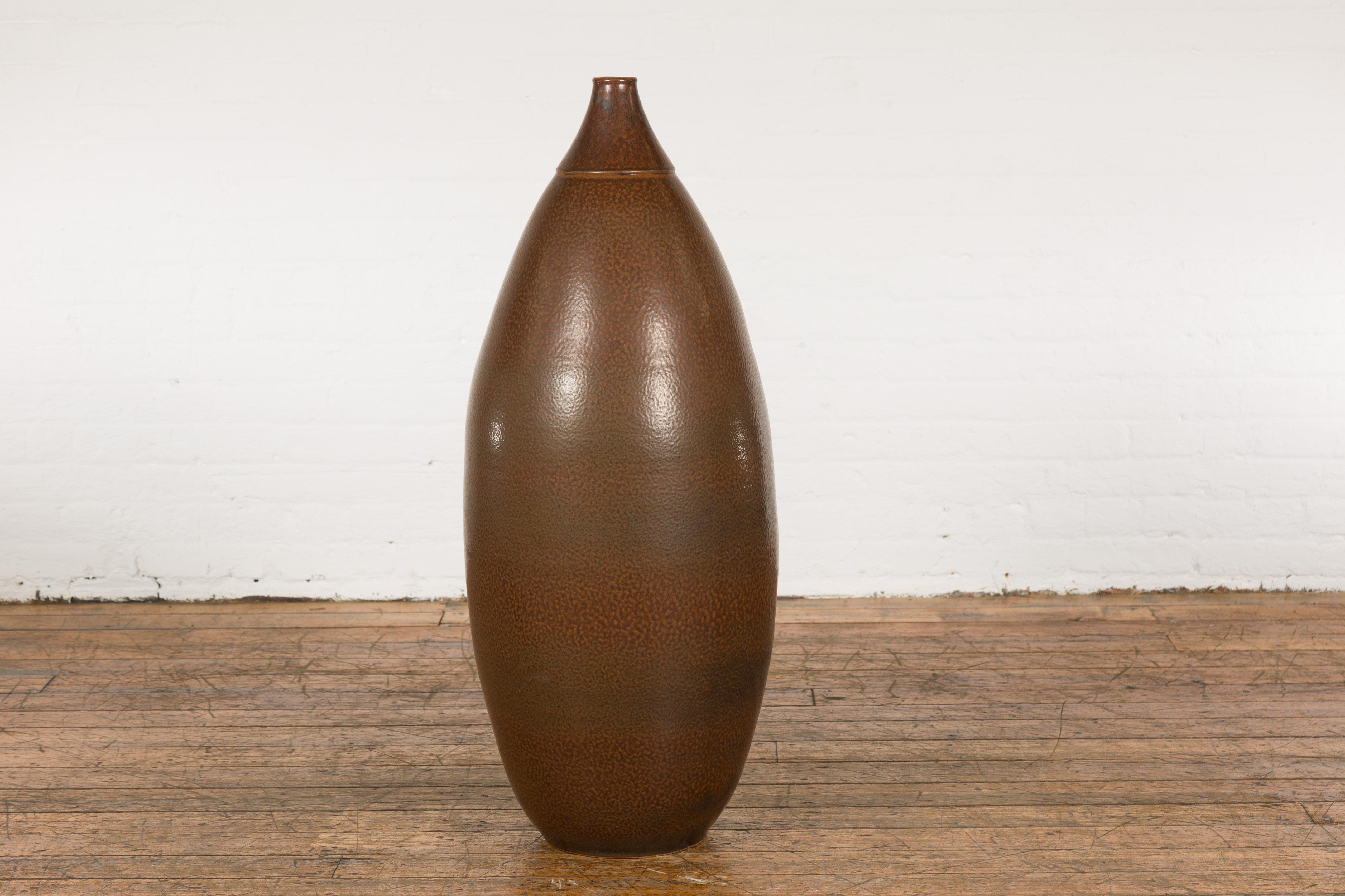 Large Brown Glazed Ceramic Vase with Mottled Finish For Sale 6