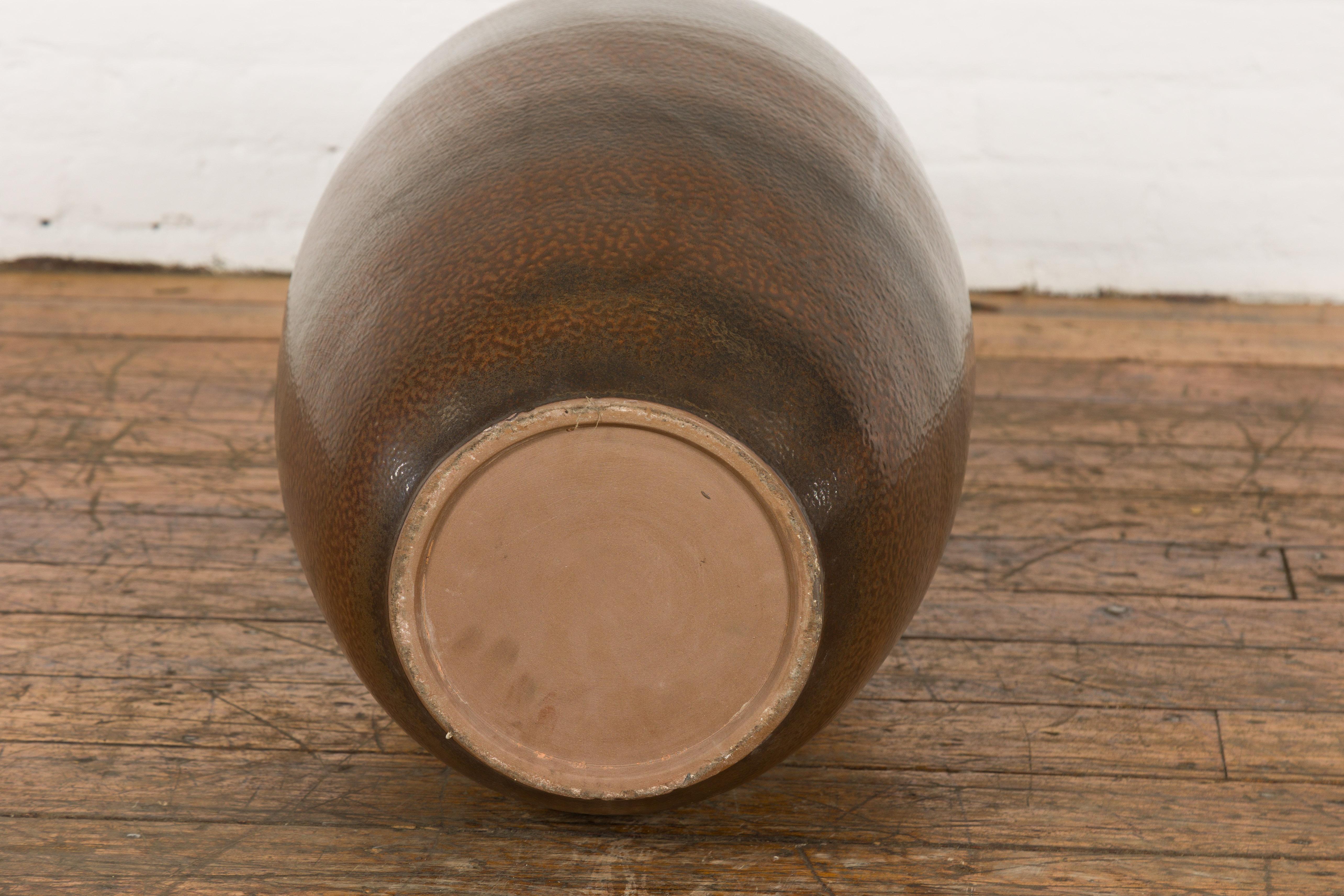 Large Brown Glazed Ceramic Vase with Mottled Finish For Sale 7