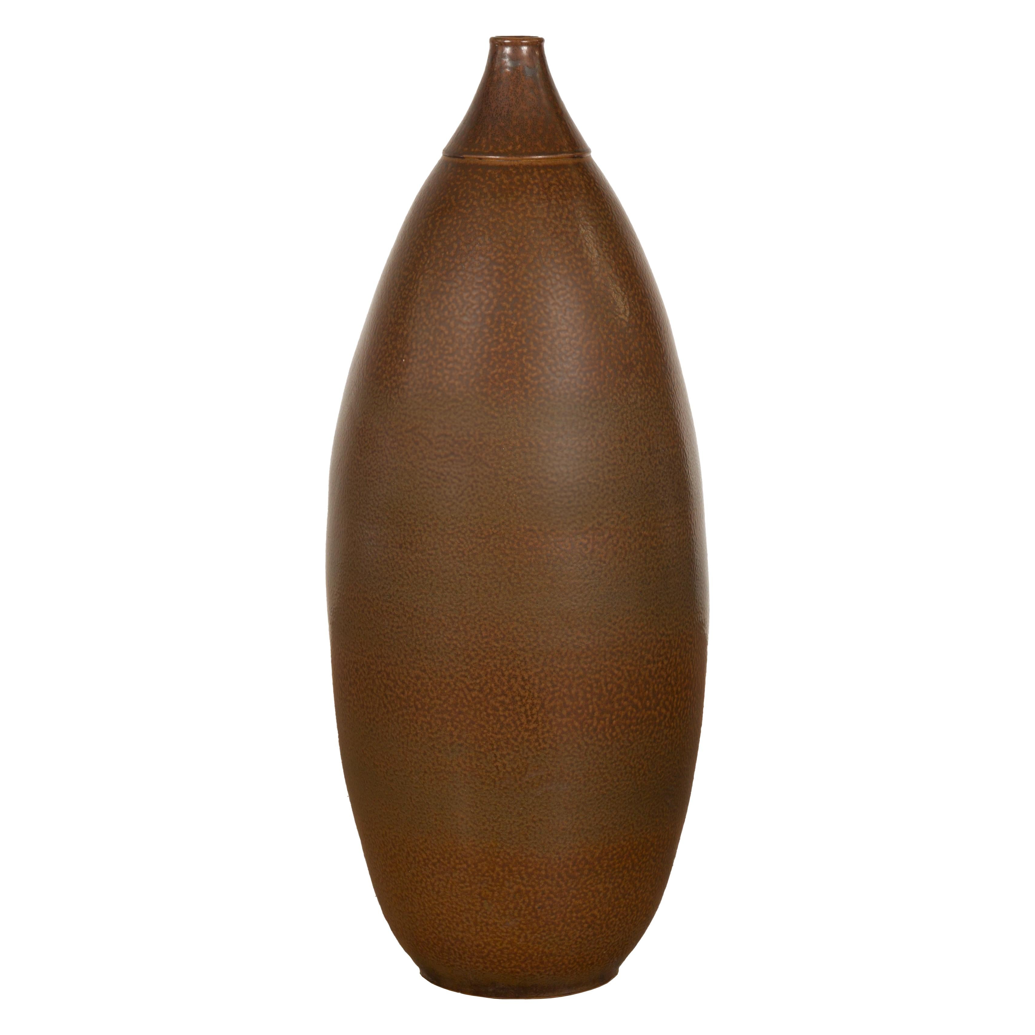 Large Brown Glazed Ceramic Vase with Mottled Finish For Sale 8