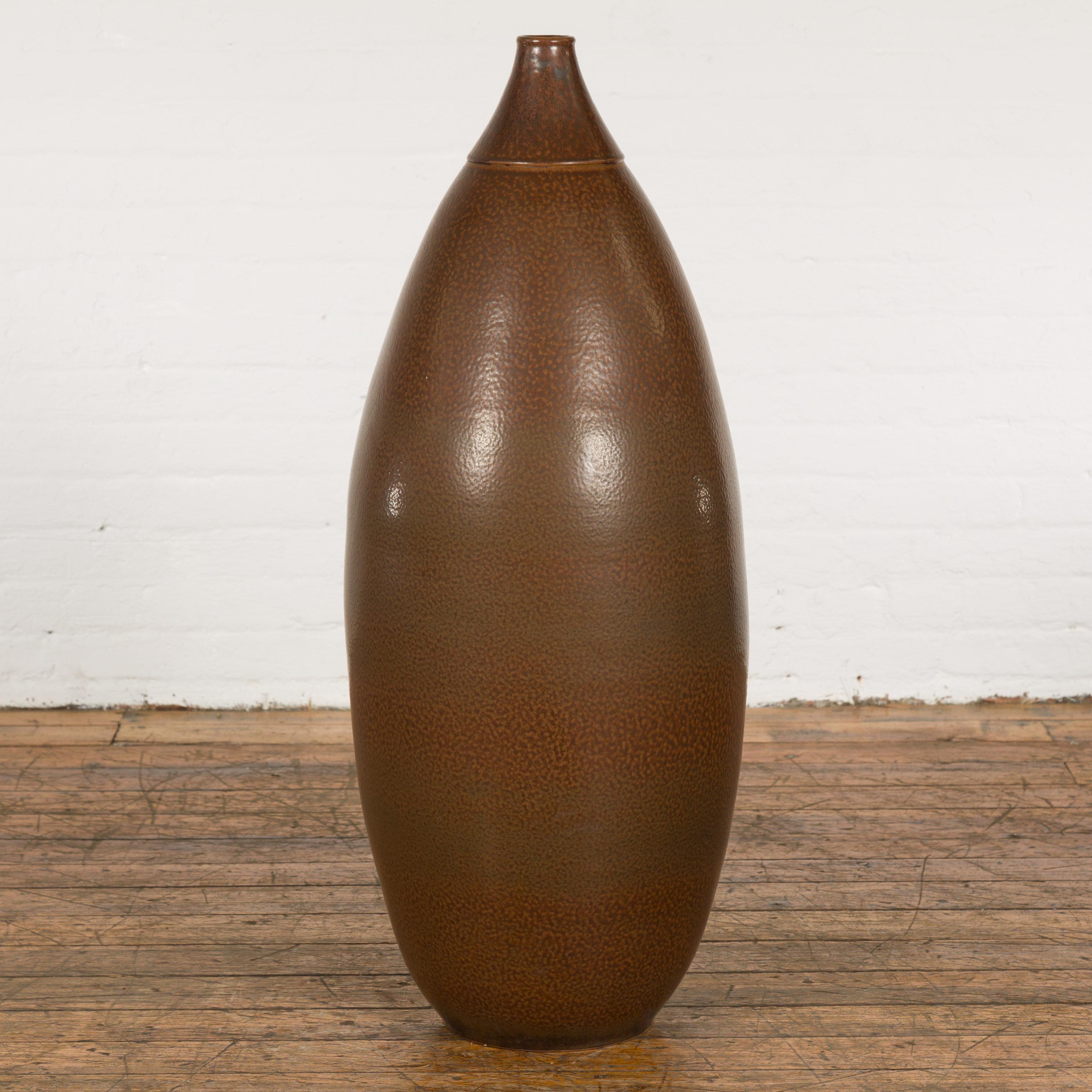 Large Brown Glazed Ceramic Vase with Mottled Finish In Excellent Condition For Sale In Yonkers, NY