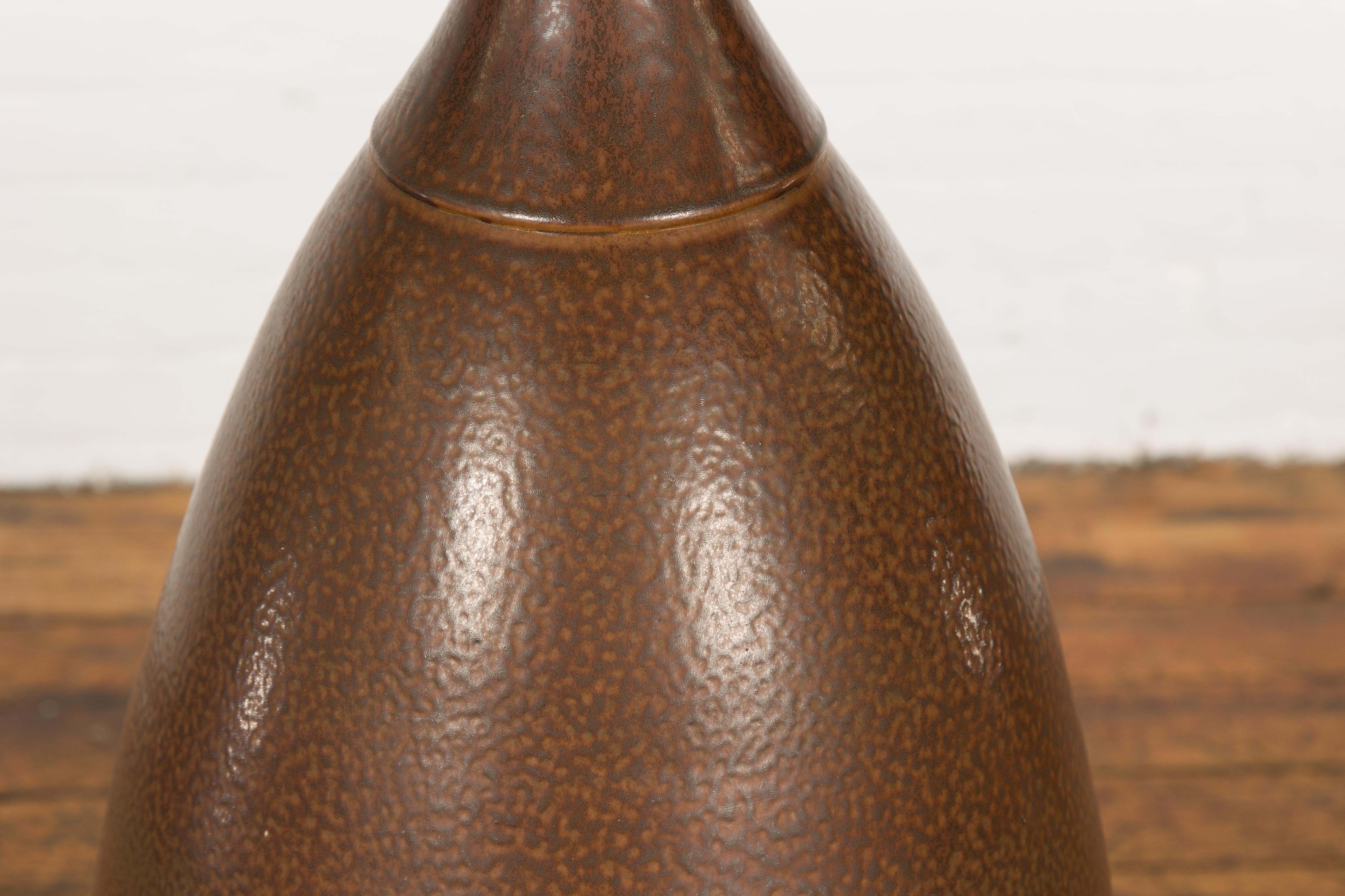 Large Brown Glazed Ceramic Vase with Mottled Finish For Sale 1