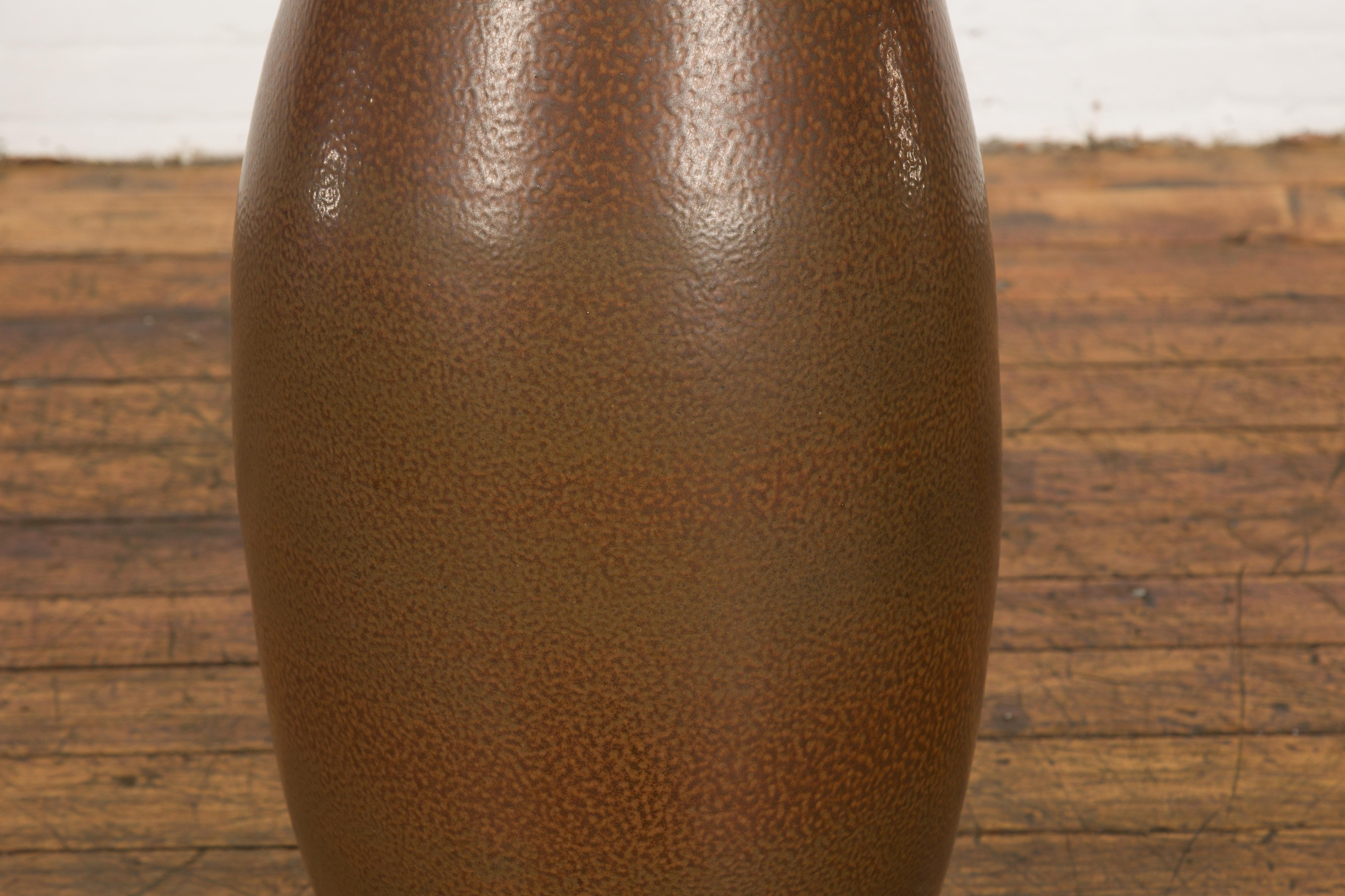 Large Brown Glazed Ceramic Vase with Mottled Finish For Sale 2